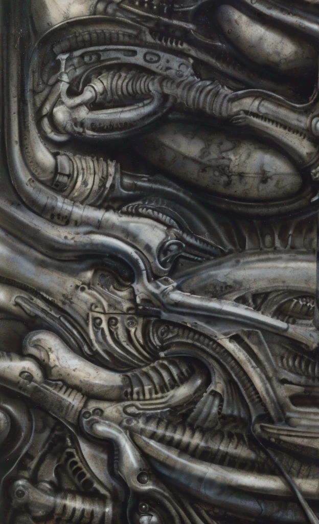 g1g3r, The image is a detailed view of H.R. Giger's biomechanical tableau \" LANDSCAPE No 312 \" plate, featuring
a complex, intricate, and detailed design of endless Machine in the transit spaceover the cascade of fallen water, that appears to be a fusion of organic and mechanical elements, with a focus on the interplay between the two.The piece is a tableau, most likely created with a India ink pen or pencil on paper, determined by the thin lines, shading techniques, and the texture of the paper, which is visible around the edges.
Used is pen, given the shading and variations in line weight visible in the image. Artist have used a variety of stylus with different degrees of hardness to achieve the shading effects.
The use of undersaturated green-grays dark contrasts creates a stark and graphic look. Is used a variety of linework techniques to create different textures. Fine, parallel lines create a smooth, metallic texture,while thicker, more cursive lines suggest cables or wires.
Light source from the top highlights skeletals, pper part of foreground, lower part of image is in shadowupper part of foreground, lower part of image is in shadow.
The art performance showcases the artist’s skills in observation and rendering. The level of detail in the piece suggests a close study of real bone specimens and mechanics. The artist has skillfully used shading techniques to create a convincing illusion of three-dimensionality on a flat surface. The wrinkles and cracks in the surface, and the cast shadows with accuracy, used shading techniques to create a realistic depiction of light and shadow on the objects. This creates a sense of depth and dimension in the image. The artist has used careful linework to depict the contours and textures in the piece
Sharp focus on foreground elements illustration. Deep and delicate DOF. Big painting. Stored in Louvre masterpiece, ooze soaked pajama top