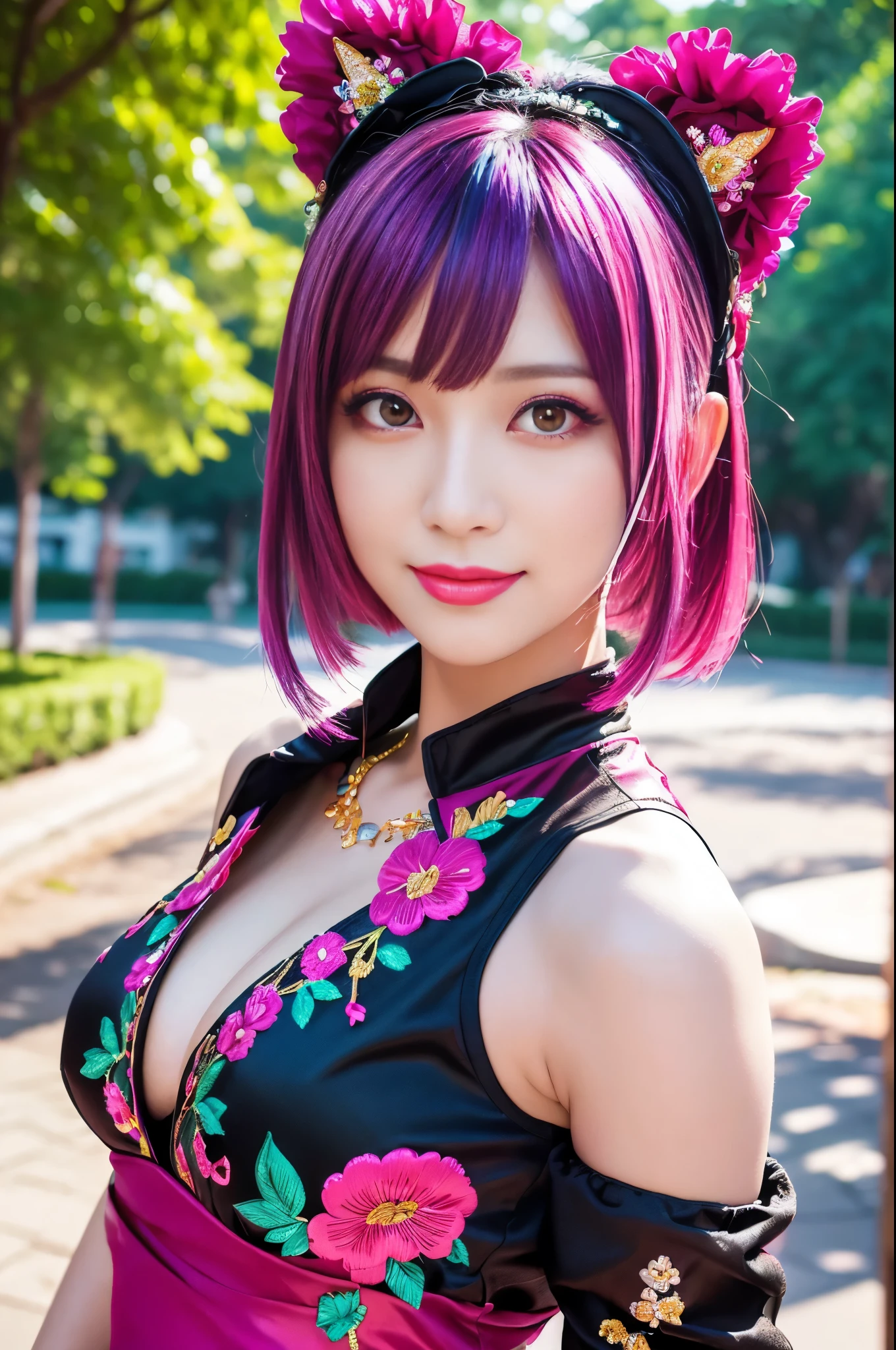 (masterpiece:1.4), (best quality:1.4), ultra high res, ultra high resolution, ((detailed facial features)), HDR, (realistic, photorealistic, photo-realistic:1.37), full body Esbian, sexy Vietnamese model, (-anime), vivid colors, ((vivid colors multicolor (pink, fuchsia, purple) very short hair)), (happy smile), lip-gloss, long lashes, defined eyebrows, wearing large sparkling colorful jewelery, wearing a red silk Paradise Kiss cosplay dress with black floral embroidery, ((vivid colors outfit)), vivid colors, look at the camera, cinematic light, large park background with trees, sweet and sexy pose