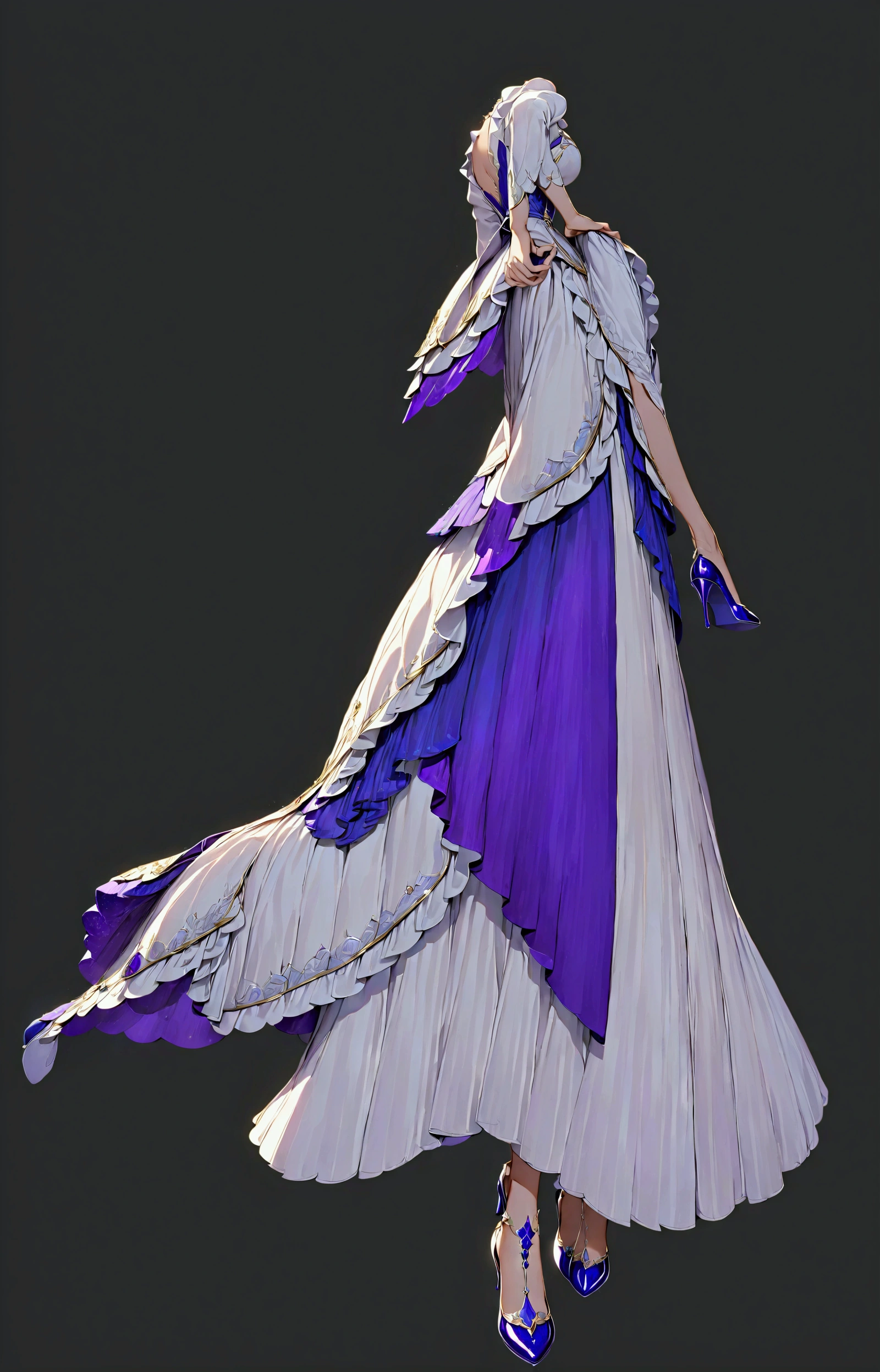 She is wearing a dress, A long white skirt，The middle is a blue-purple skirt，White skirt on both sides, And blue and purple shiny high heels, detailed