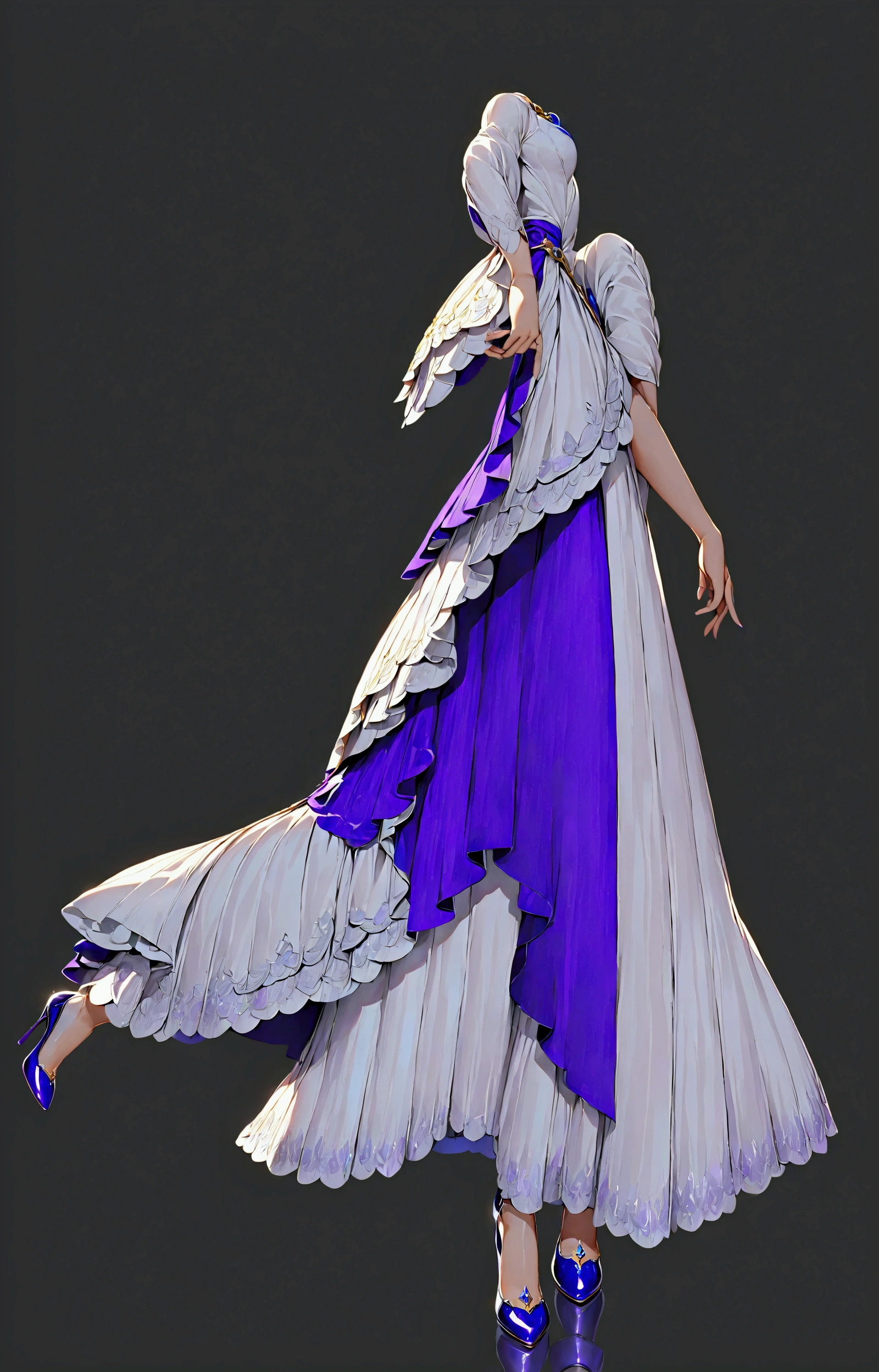 She is wearing a dress, A long white skirt,The middle is a blue-purple skirt,White skirt on both sides, And blue and purple shiny high heels, detailed