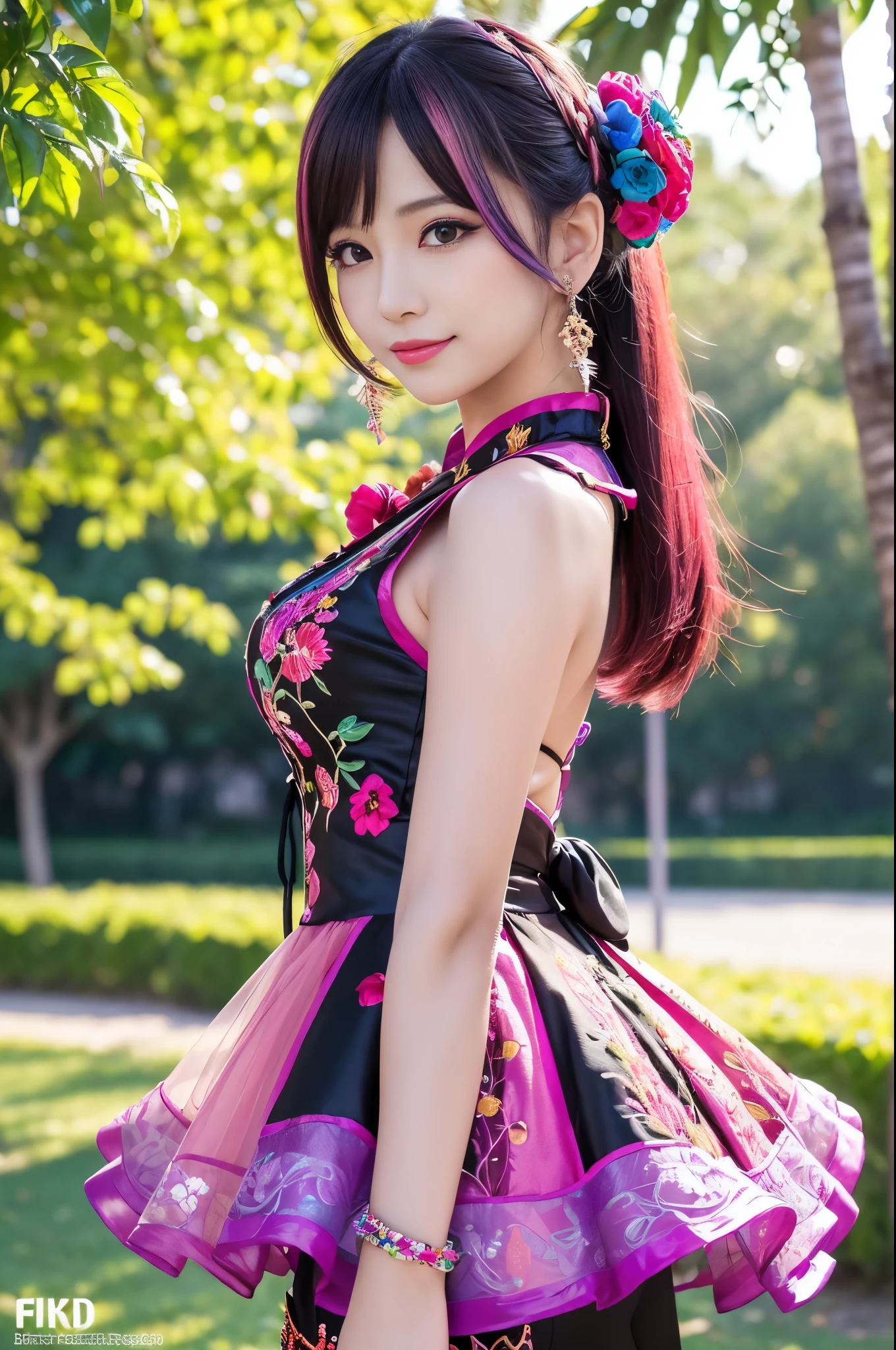 (masterpiece:1.4), (best quality:1.4), ultra high res, ultra high resolution, ((detailed facial features)), HDR, (realistic, photorealistic, photo-realistic:1.37), full body Esbian, sexy Vietnamese model, (-anime), vivid colors, ((vivid colors multicolor (pink, fuchsia, purple) very short hair)), (happy smile), lip-gloss, long lashes, defined eyebrows, wearing large sparkling colorful jewelery, wearing a red silk Paradise Kiss cosplay dress with black floral embroidery, ((vivid colors outfit)), vivid colors, look at the camera, cinematic light, large park background with trees, sweet and sexy pose