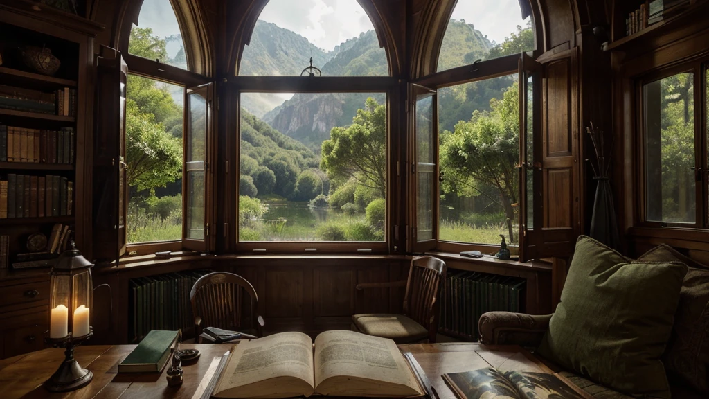 Arafed view depicting a cozy, medieval-style study room with a large, intricate arched window that offers a breathtaking view of a mountainous landscape. The window is divided into multiple sections by ornate and detailed gothic-style wooden frames. The room is filled with warm, natural light, highlighting the lush greenery outside. Inside, there is a comfortable mossy green cushioned bench adorned with pillows, positioned directly in front of the window. There are various ivy-like plants scattered around the library bringing a sense of greenery inside as well as outside. To the left, there is a cluttered desk with stacks of books, papers, a lit vintage lamp and cozy low-back desk chair, while to the right, a small round table holds various stationary, a fountain pen, ink and an open book. The overall ambiance is serene and inviting, with a touch of fantasy. A few lit candles of different sizes are perched on the window frame, adding a sense of life to the scene. The image is rich in detail, with a harmonious blend of natural and man-made elements. Fantasy style 8k, high quality detailed art, ultra realistic matte painting