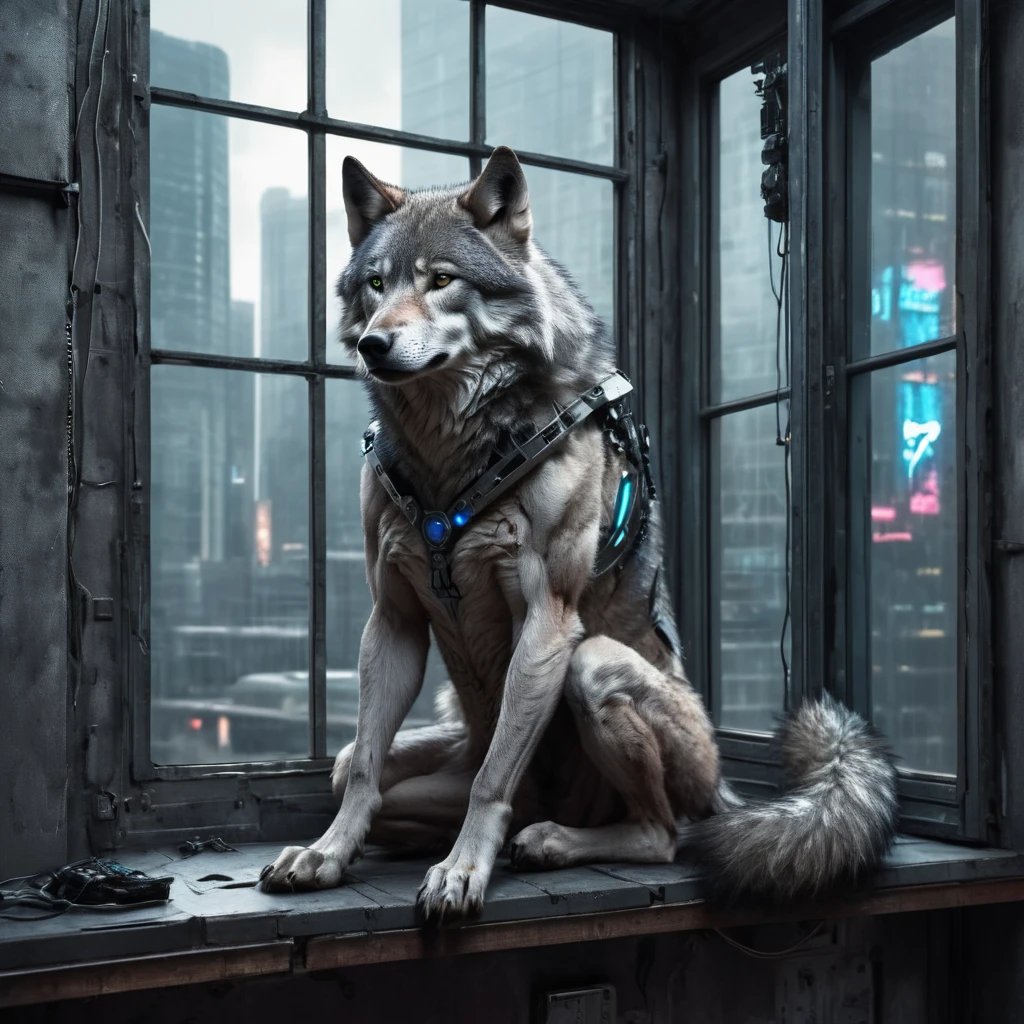Anthropomorphic male grey wolf, sitting in the window, Cyberpunk Background