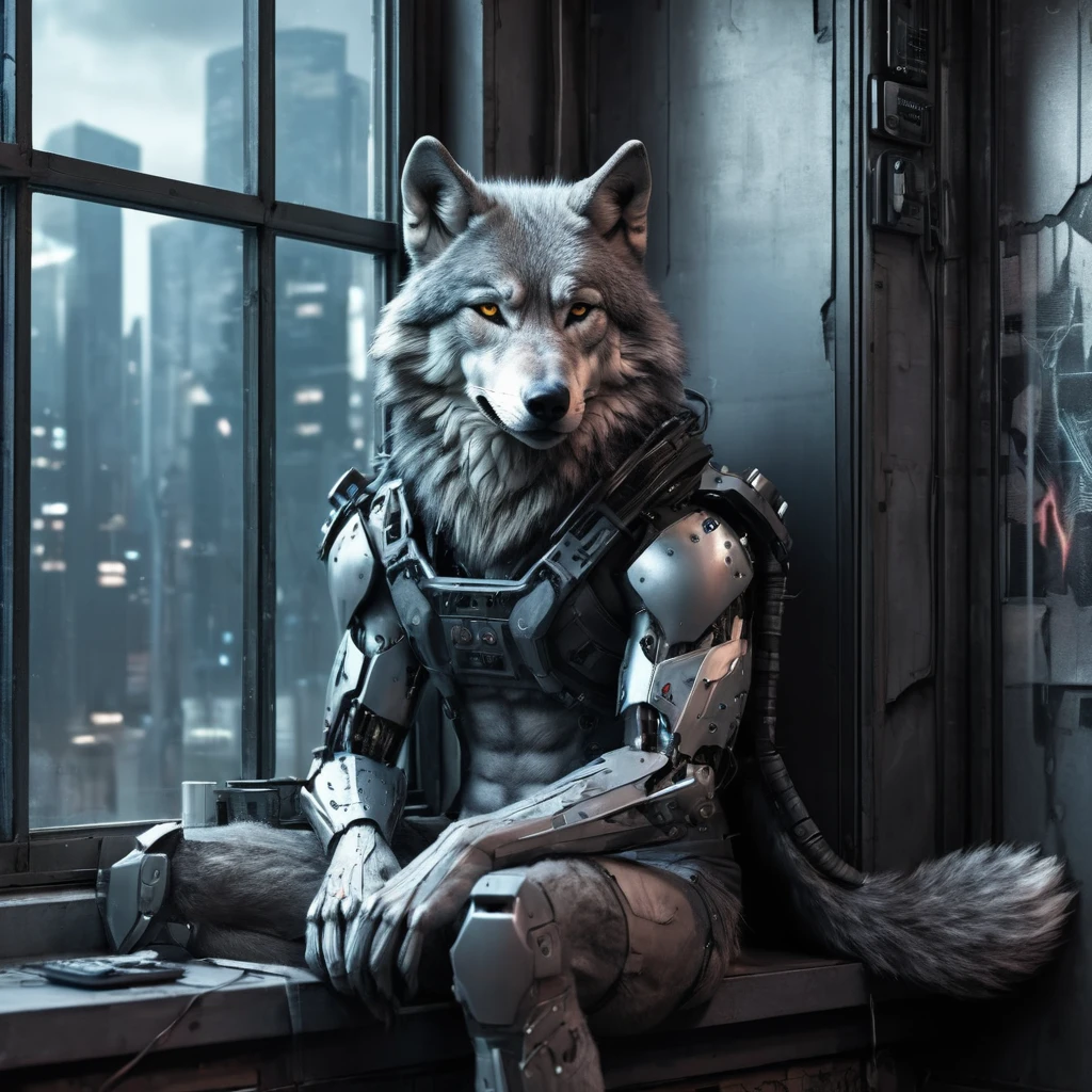 Anthropomorphic male grey wolf, sitting in the window, Cyberpunk Background