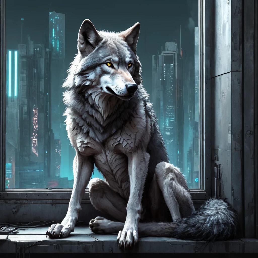 Anthropomorphic male grey wolf,  sitting in the window, Cyberpunk Background