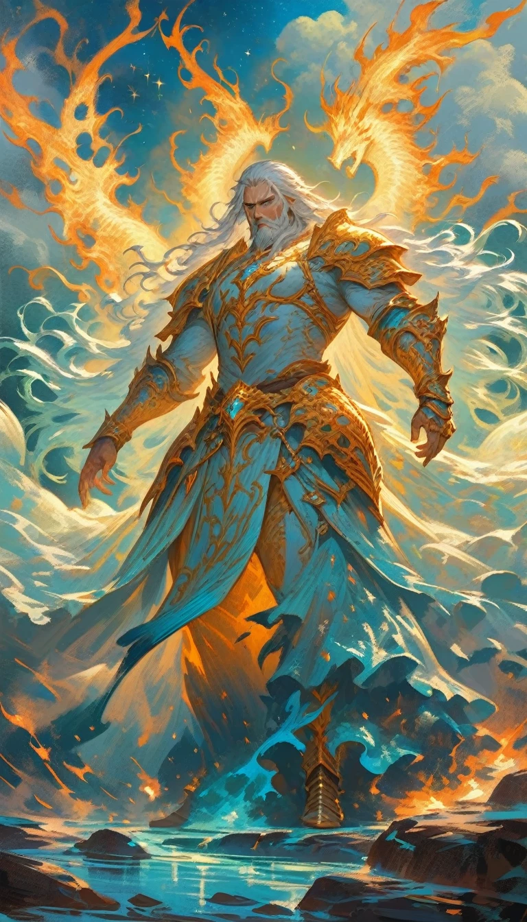 ((best quality)) , ((masterpiece)) , (detailed),weapon, armor, holding, long hair, facial hair, glowing eyes, 1boy, male focus, holding weapon, glowing, sword, outdoors, helmet, braid, teeth, fire, shoulder armor, pants, grey hair, beard, bangs, holding sword, muscular male, white hair,(((ethereal fantasy concept art , Suffering . magnificent, celestial, ethereal, painterly, epic, majestic, magical, fantasy art, cover art, dreamy)))