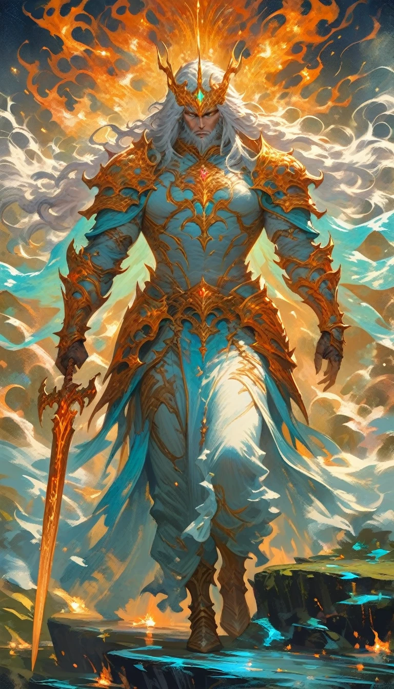 ((best quality)) , ((masterpiece)) , (detailed),weapon, armor, holding, long hair, facial hair, glowing eyes, 1boy, male focus, holding weapon, glowing, sword, outdoors, helmet, braid, teeth, fire, shoulder armor, pants, grey hair, beard, bangs, holding sword, muscular male, white hair,(((ethereal fantasy concept art , Suffering . magnificent, celestial, ethereal, painterly, epic, majestic, magical, fantasy art, cover art, dreamy)))