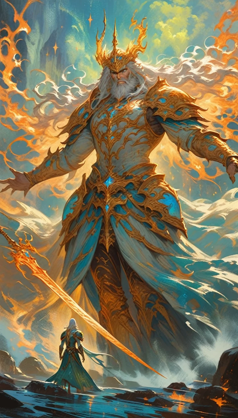 ((best quality)) , ((masterpiece)) , (detailed),weapon, armor, holding, long hair, facial hair, glowing eyes, 1boy, male focus, holding weapon, glowing, sword, outdoors, helmet, braid, teeth, fire, shoulder armor, pants, grey hair, beard, bangs, holding sword, muscular male, white hair,(((ethereal fantasy concept art , Suffering . magnificent, celestial, ethereal, painterly, epic, majestic, magical, fantasy art, cover art, dreamy)))