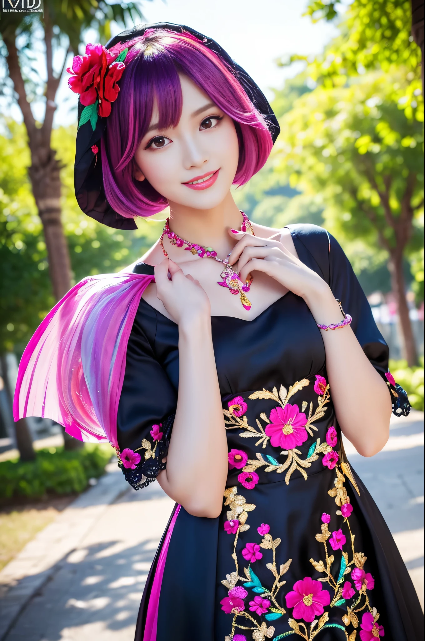 (masterpiece:1.4), (best quality:1.4), ultra high res, ultra high resolution, ((detailed facial features)), HDR, (realistic, photorealistic, photo-realistic:1.37), full body Esbian, sexy Vietnamese model, (-anime), vivid colors, ((vivid colors multicolor (pink, fuchsia, purple) very short hair)), (happy smile), lip-gloss, long lashes, defined eyebrows, wearing large sparkling colorful jewelery, wearing a red silk Paradise Kiss cosplay dress with black floral embroidery, ((vivid colors outfit)), vivid colors, look at the camera, cinematic light, large park background with trees, sweet and sexy pose