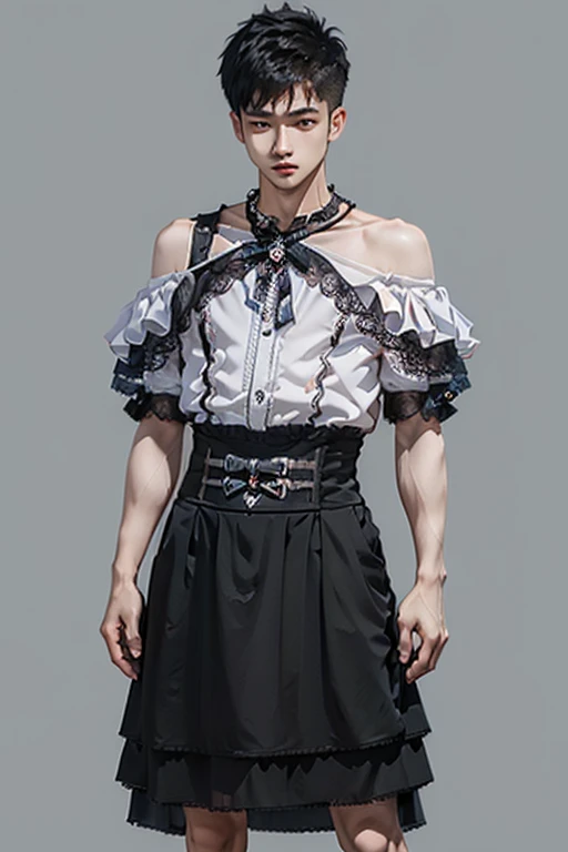 Young man wearing dress , very small spikey boyish haircut , hot man , full body, off shoulder, bamboo design
