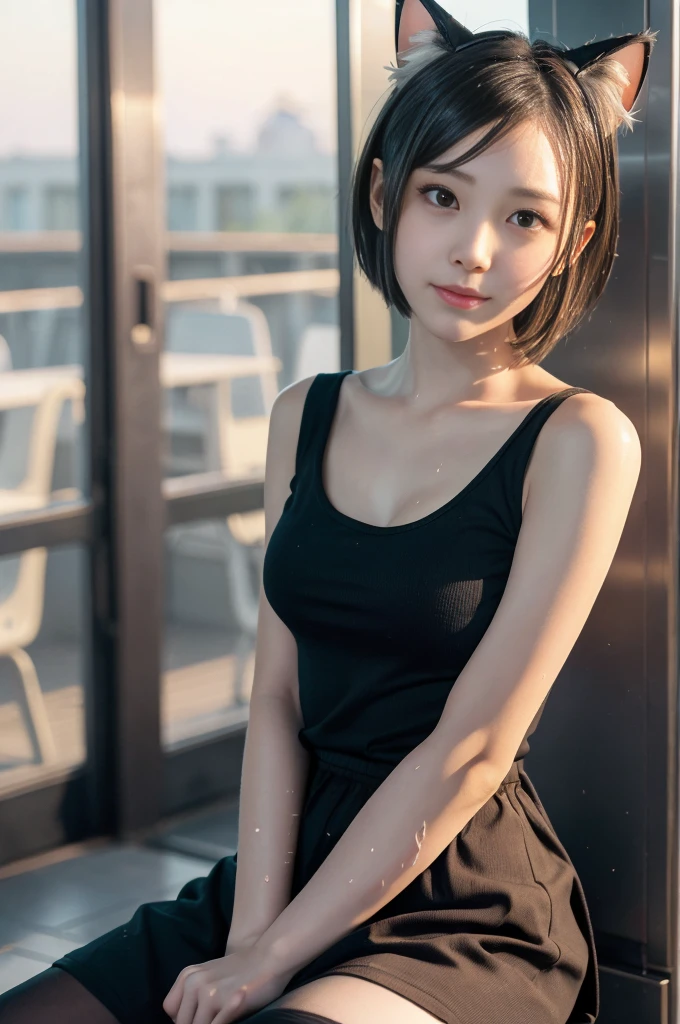 masterpiece, Bokeh, (Cat ear:1.4), Sitting on the beach at sunset, Looking at the audience, office lady, pantyhose,(masterpiece, Highest quality, It captures a very cute moment, Depth of written boundary, Super detailed, Ultra-high resolution, C4D, Octadale, 3D Modeling,Realistic human photos、 8k, 16K, One Girl,, 15 years old、Small breasts,Black Hair,short hair,Straight Hair,Light brown eyes,Cute Face), Bloomers, Black tank top, zettai ryouiki, Wet clothes,Classroom Nights,Moonlight, Good elevator, Take off、Real-life skin、Not an anime、Realistic、