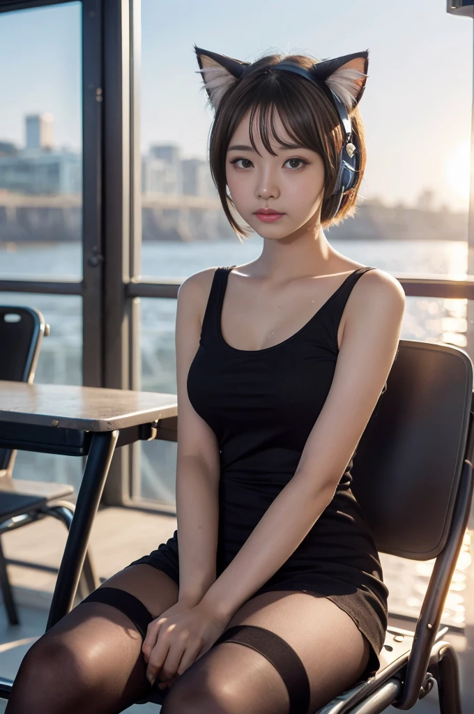 masterpiece, Bokeh, (Cat ear:1.4), Sitting on the beach at sunset, Looking at the audience, office lady, pantyhose,(masterpiece, Highest quality, It captures a very cute moment, Depth of written boundary, Super detailed, Ultra-high resolution, C4D, Octadale, 3D Modeling,Realistic human photos、 8k, 16K, One Girl,, 15 years old、Small breasts,Black Hair,short hair,Straight Hair,Light brown eyes,Cute Face), Bloomers, Black tank top, zettai ryouiki, Wet clothes,Classroom Nights,Moonlight, Good elevator, Take off、Real-life skin、Not an anime、Realistic、