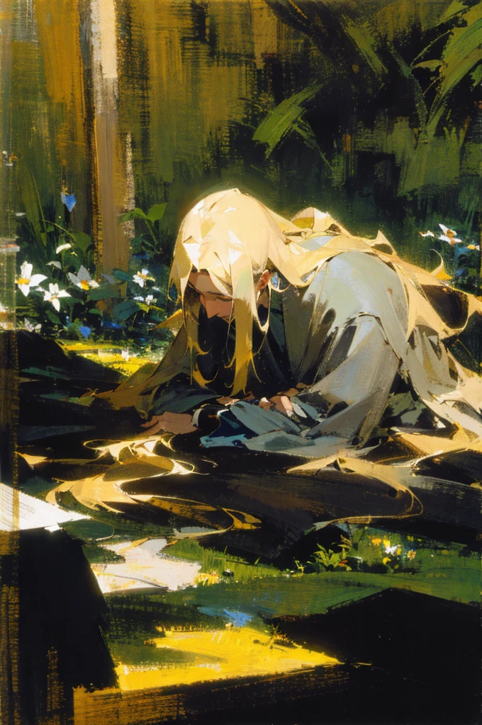Handsome man with long blond hair praying in the sunshine in the garden,Highest quality,fine,Holy Spirit,Radiance