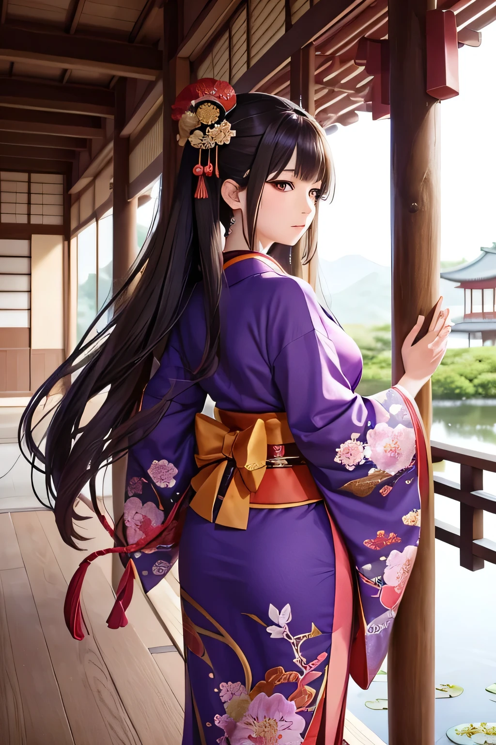 Create an image of Ono no Komachi, the legendary Japanese poet. She should be depicted with her iconic beauty and elegance. Ono no Komachi is dressed in an exquisite Heian-era kimono with flowing layers of rich silk in shades of deep red, purple, and gold, adorned with intricate floral patterns. Her hair is styled in a traditional Heian manner, long and straight, cascading down her back. She has a serene and contemplative expression, reflecting her poetic brilliance. The background should feature elements of classical Japan, such as a tranquil Japanese garden with cherry blossoms or a serene pond, or a traditional wooden pavilion, providing a sense of cultural and historical authenticity.