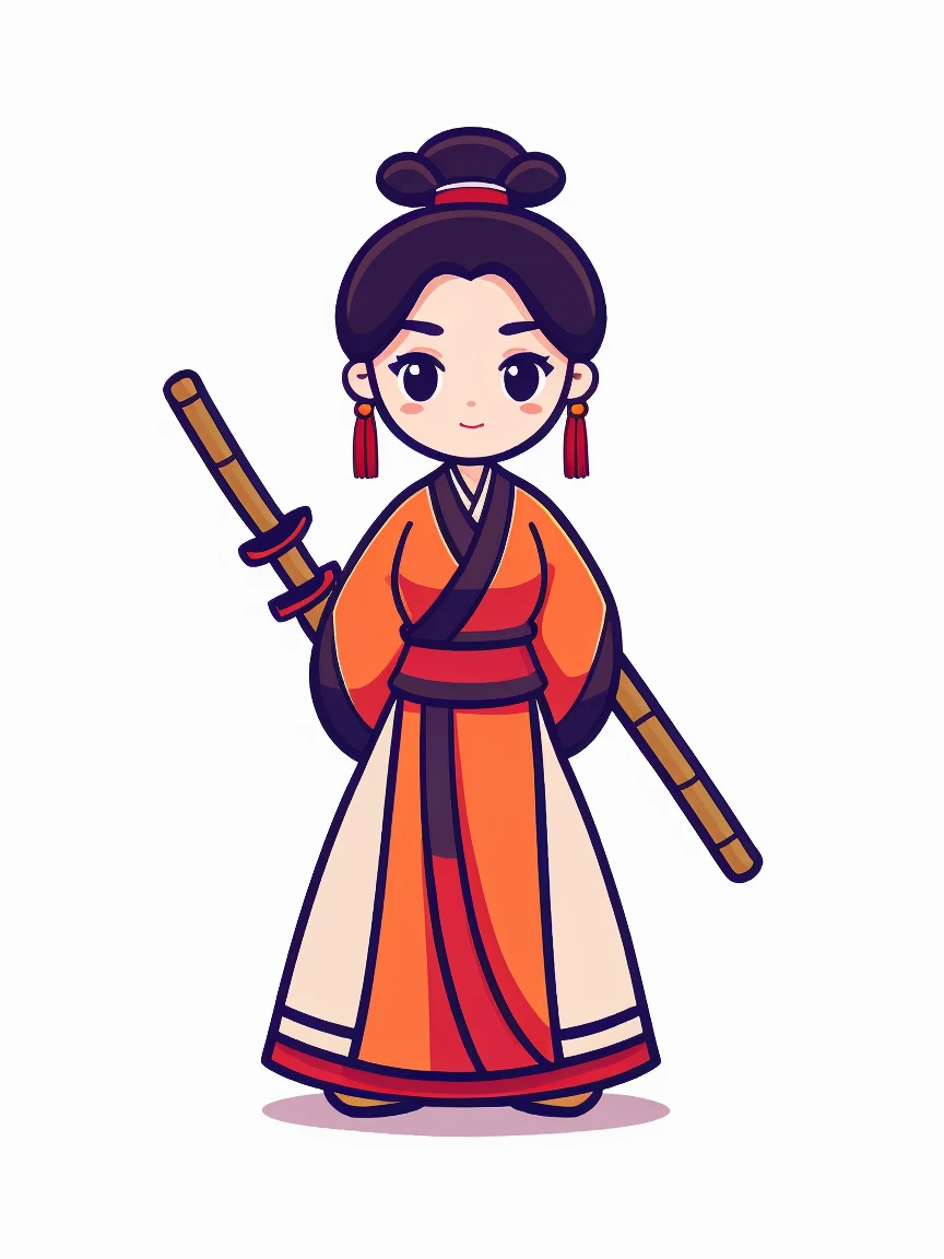 masterpiece，Best quality，Graffiti style，icon design，Animated Characters，Chinese style，Martial Arts，Female Warrior，Long Sword，bamboo forest