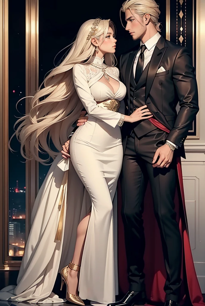 Tall, handsome, statuesque, masculine, adult man - golden-haired blonde, dressed in an expensive branded business suit, long straight platinum hair, blue eyes, long bangs, he hugs an incredibly beautiful young femme fatale blonde, she is wearing a luxurious thin silk scarlet dress that emphasizes her perfect figure, long golden hair, gathered in a beautiful hairstyle decorated with pearls, beautiful lace jewelry, high-heeled shoes, a clutch bag. They are in love with each other. Full-length image. An expensive restaurant. A romantic setting.