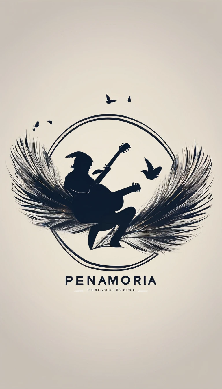A minimal, modern, simple, cinematic logotype for the brand “Penamemoria". The logotype must be a simple, magical feather and a boy with an acoustic guitar. The logo must convey a sense of music, stories, dreams and a creative companionship between the feather and the boy. Logo design impressed on a book cover. Minimalistic logo