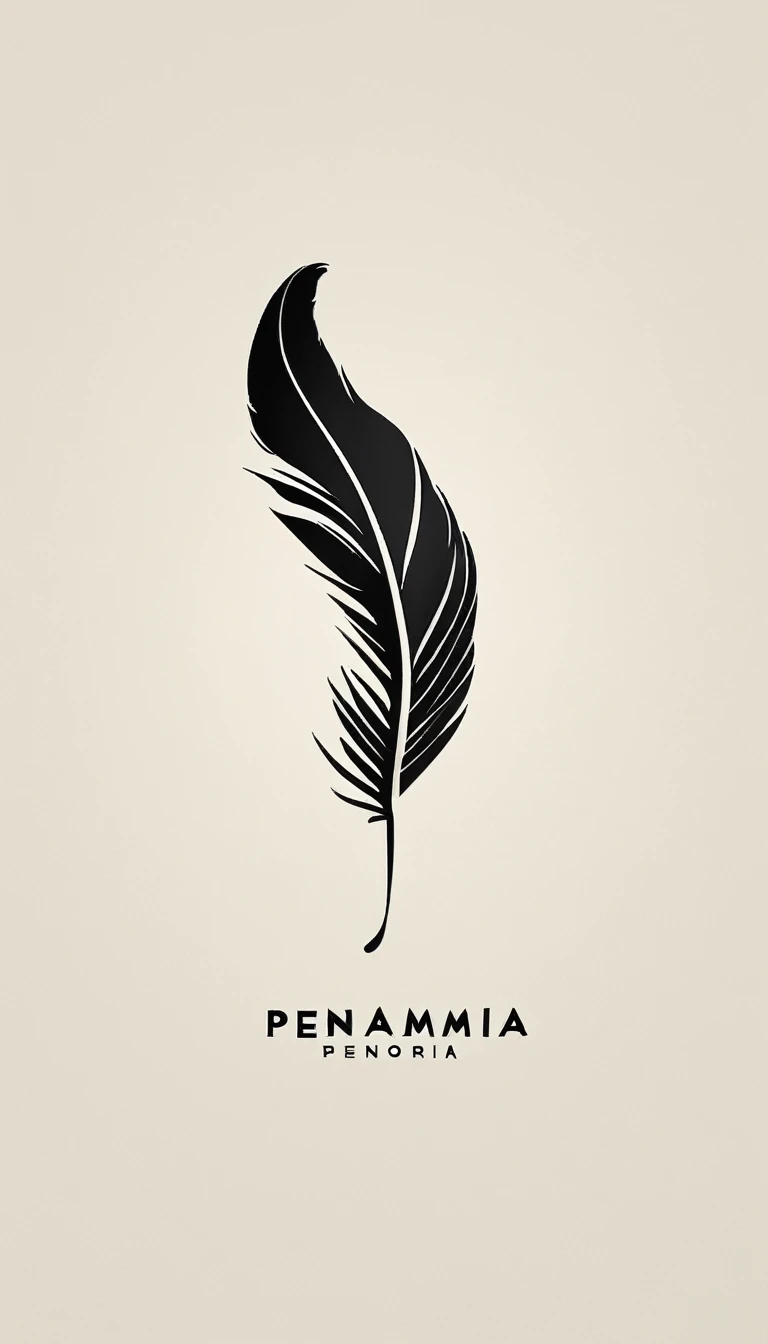 A minimal, modern, simple, cinematic logotype for the brand “Penamemoria". The logotype must be a simple, magical feather and a boy with an acoustic guitar. The logo must convey a sense of music, stories, dreams and a creative companionship between the feather and the boy. Logo design impressed on a book cover. Minimalistic logo