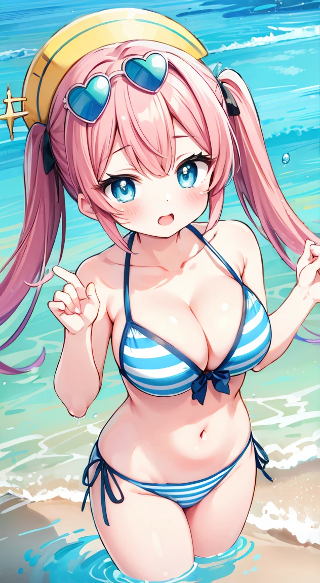 Side tie panties,,masterpiece, Highest quality, (anime screencap:1.3),(shape), cute,(Simple:1), (anime:1.2),Solo Sharp Focus, 1 girl, cheerful,Cleavage,enjoy,(Splash 1.1),Beach,Japan,(Browsing Caution:1.2),Colorful Bikinis,Pastel Bikini,Beautiful Hair,Horizontal stripes,heart shaped pupils,Checkered Bikini, Check Pattern,(wading,splash,Water Drop.1.1),cute eyes,Puffy eyes,Seductive pose,Shining Face,Large Breasts,Twin tail hair,heart shaped sunglasses on head,Hilarious,