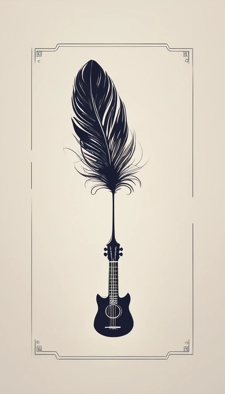 A minimal, modern, simple, cinematic logotype for the brand “Penamemoria". The logotype must be a simple, magical feather and a boy playing acoustic guitar. The logo must convey a sense of music, stories and dreams. Logo design impressed on a book cover. Minimalistic logo