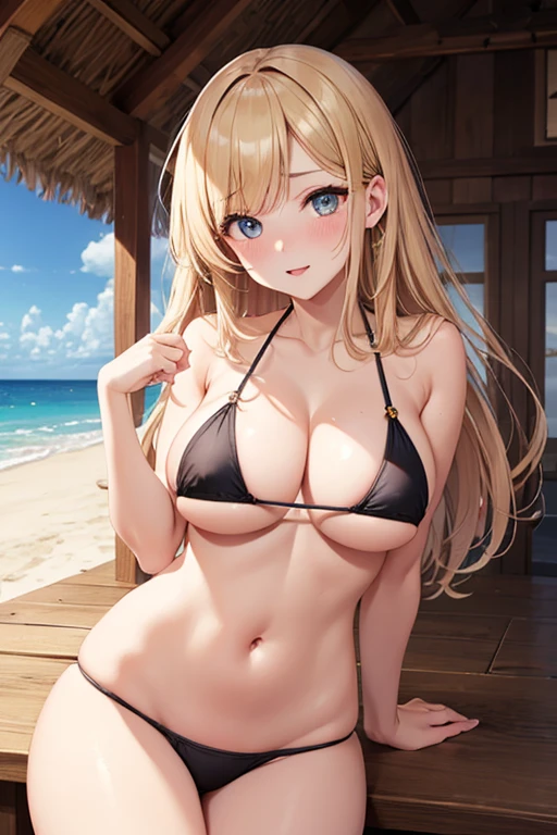 One Woman, Highest quality, masterpiece, Super Resolution, Large Breasts, Micro Bikini, Idol, Beauty, Underboob, Sideboob, Beach, from the front, Cleavage, 8k, High resolution eyes, High-resolution contours, Mature Woman, Married Woman, Adult charm, Adult sex appeal, Broken bangs, Forehead visible, Stylish, Sexy expression, Mother, Highly detailed eyes, blush, Droopy eyes, High resolution face, Blonde, deck, sexy, High resolution breasts, Ultra HD, Open your mouth,