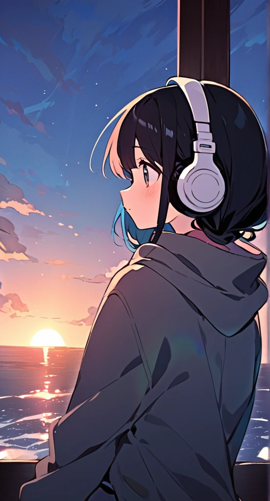 At dusk、Cute wearing headphones、Watching the sunset and looking out to sea。Madhouse-like colors、A touch like Makoto Shinkai