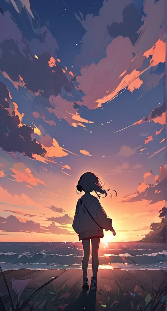 At dusk、Cute wearing headphones、Watching the sunset and looking out to sea。Madhouse-like colors、A touch like Makoto Shinkai