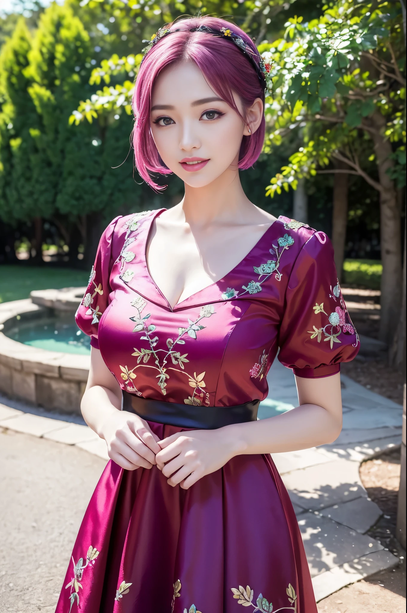 (masterpiece:1.4), (best quality:1.4), ultra high res, ultra high resolution, ((detailed facial features)), HDR, (realistic, photorealistic, photo-realistic:1.37), full body Esbian, sexy Swedish model, (-anime), only 1 model, vivid colors, ((vivid colors multicolor (fuchsia, pink, light blue, purple) very short hair)), (happy smile), lip-gloss, long lashes, defined eyebrows, wearing a red silk Paradise Kiss cosplay dress with black floral embroidery, ((vivid colors outfit)), vivid colors, look at the camera, cinematic light, large park background with trees, sweet and sexy pose