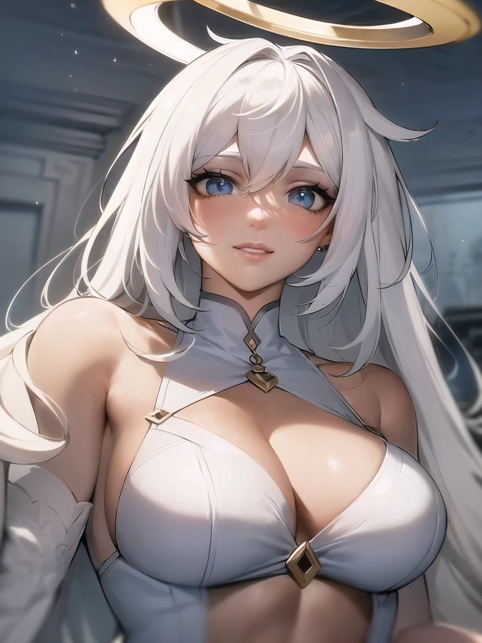 a woman with white hair and angel wings on her head, white haired deity, extremely detailed artgerm, trending on artstation pixiv, white haired, perfect white haired girl, clean detailed anime art, cushart krenz key art feminine, sultry smirk, ayaka genshin impact, artgerm on artstation pixiv