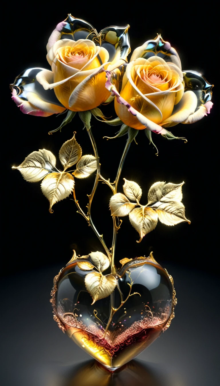 create the most breathtaking (32k masterpiece, best quality:1.2) photorealistic image, two rose hearts (with long intertwined stems) hollow glass poured with liquid gold from the stem, petals fractales qui se dissolvent dans l'air,  fractal details, gradient black background, diffusion of reflected light, organic,bioluminescent, energy, Alive, spectacular, ethereal, volumetric light, sub-surface Scattering, jeu de transparence 