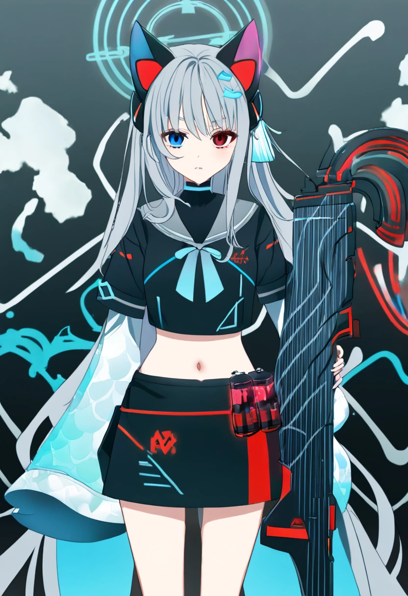 ((1girl)), ((grey hair)), cute, a female anime character holding two guns,【 sciart 💙💜 mson, coilgun, wavy long hair, cat-eared headset with neon light purple color, heterochromia eyes (blue eyes, red eyes), ((black and dark blue outfit)), white ornaments, red skirt, grey wavy hair, hair ornaments, dark blue opened cyberpunk jacket with red lines, navel showing black sailor uniform, grey sailor collar, black shirt, short sleeves)), midriff, black miniskirt