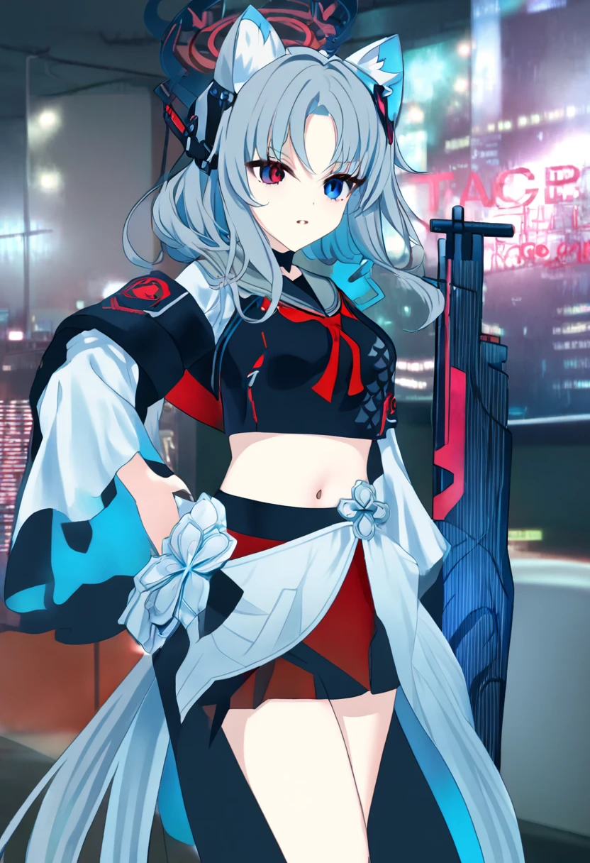 ((1girl)), ((grey hair)), cute, a female anime character holding two guns,【 sciart 💙💜 mson, coilgun, wavy long hair, cat-eared headset with neon light purple color, heterochromia eyes (blue eyes, red eyes), ((black and dark blue outfit)), white ornaments, red skirt, grey wavy hair, hair ornaments, dark blue opened cyberpunk jacket with red lines, navel showing black sailor uniform, grey sailor collar, black shirt, short sleeves)), midriff, black miniskirt