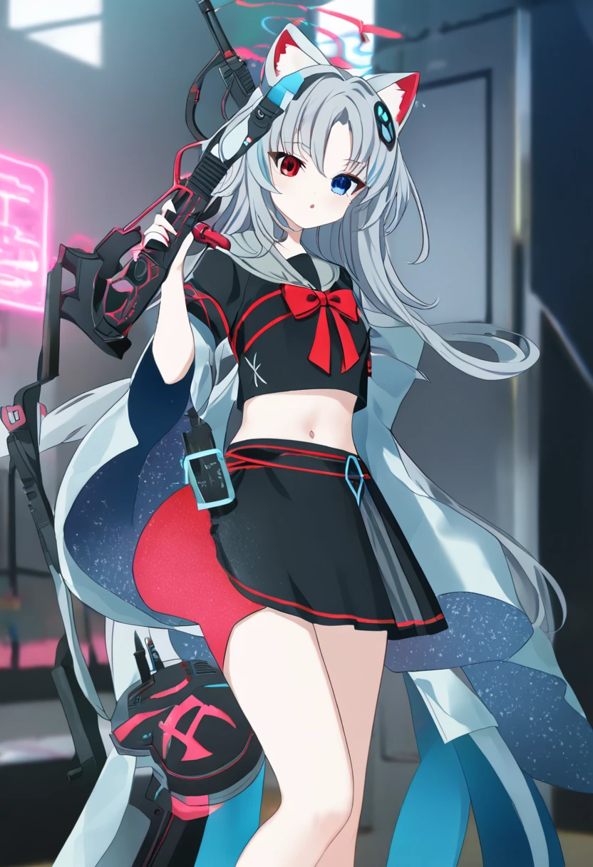 ((1girl)), ((grey hair)), cute, a female anime character holding two guns,【 sciart 💙💜 mson, coilgun, wavy long hair, cat-eared headset with neon light purple color, heterochromia eyes (blue eyes, red eyes), ((black and dark blue outfit)), white ornaments, red skirt, grey wavy hair, hair ornaments, dark blue opened cyberpunk jacket with red lines, navel showing black sailor uniform, grey sailor collar, black shirt, short sleeves)), midriff, black miniskirt