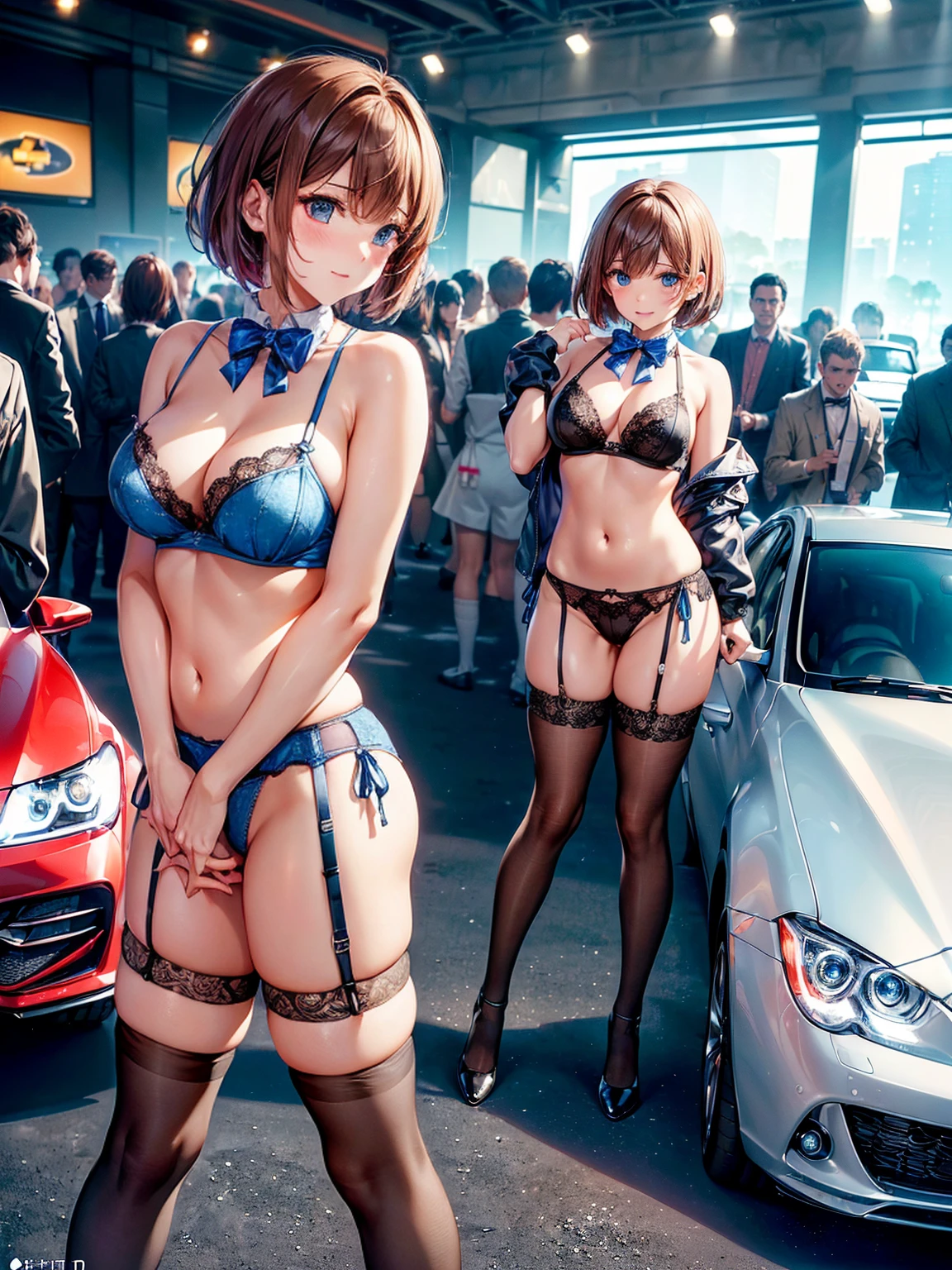 (((masterpiece, Highest quality, High resolution, 超High resolution, Perfect Pixel, Depth of written boundary, 4K, RTTX 10.0))), Beautiful Anime Woman, Beautiful art style, Anime characters, ((Smooth texture, Realistic texture, Anime CG Style)), Perfect and accurate finger count、Exact number of legs、(Exact number of arms:1.0, Exact number of hands:1.0), (Perfect hands, Perfect Anatomy), Cinematic, Realistic, Extremely detailed CG, Daytime lighting, Perfect lighting, Best Shadow, The best natural light, A separate, precisely shaped car, whole body, Perfect body, バランのとれたPerfect body, Perfectly balanced style, Slender body, ((bangs, Reddish brown hair, Bobcut)), ((A pretty adult woman is standing in a y pose in front of a car:1.8)), (pusice:1.5), ((Bow tie around neck:1.3), (Sexy andte blue underwear:1.3), (Stylish shiny blue satin panties, Sipanties, Panties win blue cnd lace decoration on the sides:1.3), (Thin panties:1.3), (Blue micro lace sa, Blue bra with lace trim, Thin bra:1.3), (garter belt, Garter Strings, Knee socks:1.3):1.3), (Beautiful big , Cleavage:1.1), (Embarrassed expression:ush, (motor Show, Many visitors in the background, Crowded venue, A show car on display in the background:1.7), naked, In underwear, Angle from the front