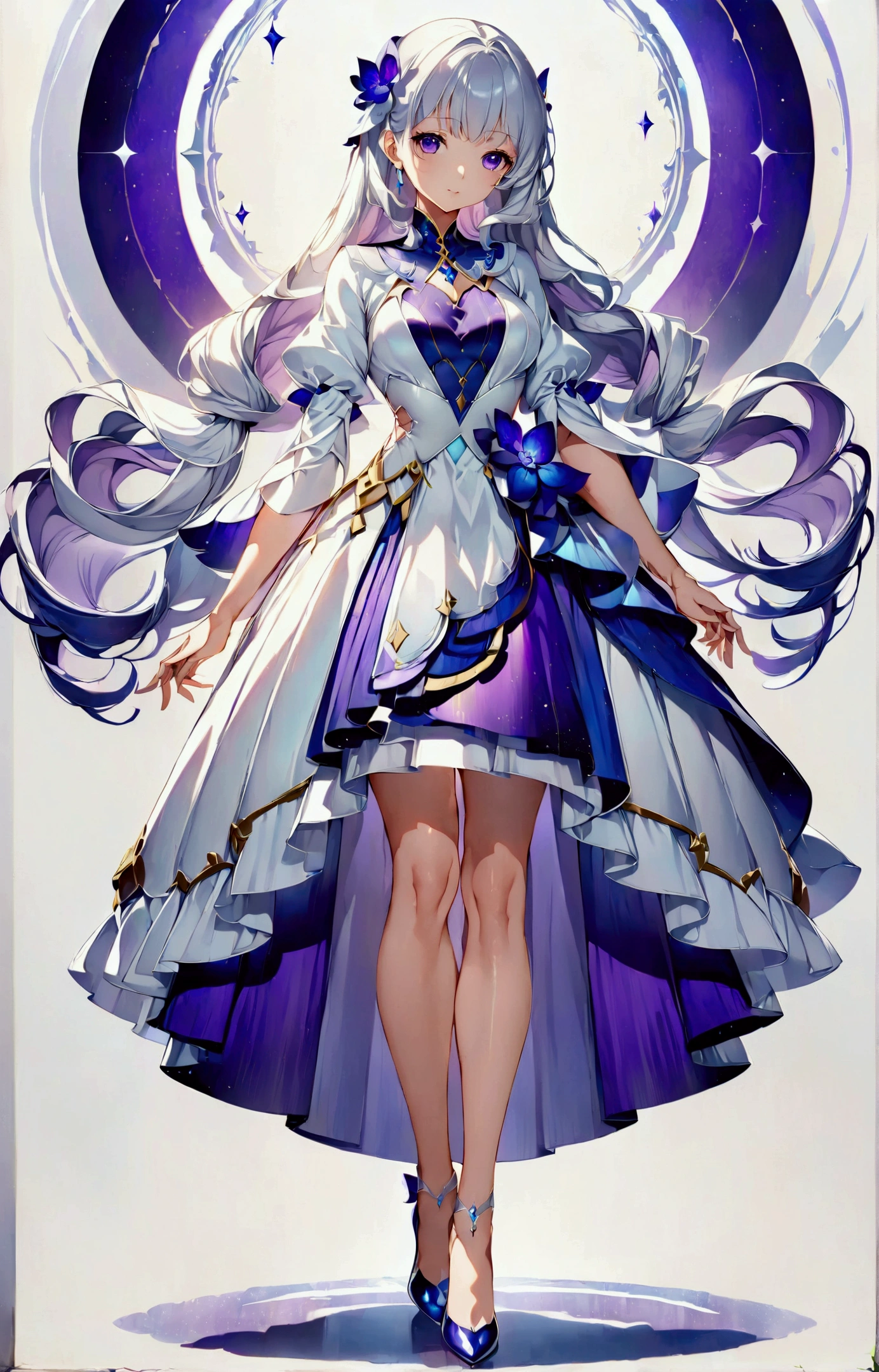 Anime style image of a woman in a blue and white dress. She is wearing a dress costume, A long white skirt,The middle is a blue-purple skirt,White skirt on both sides, And blue and purple shiny high heels, detailed, Clear clothing design, Suitable for whole body, Elegant digital art, Full body illustration, Wearing a flowing dress