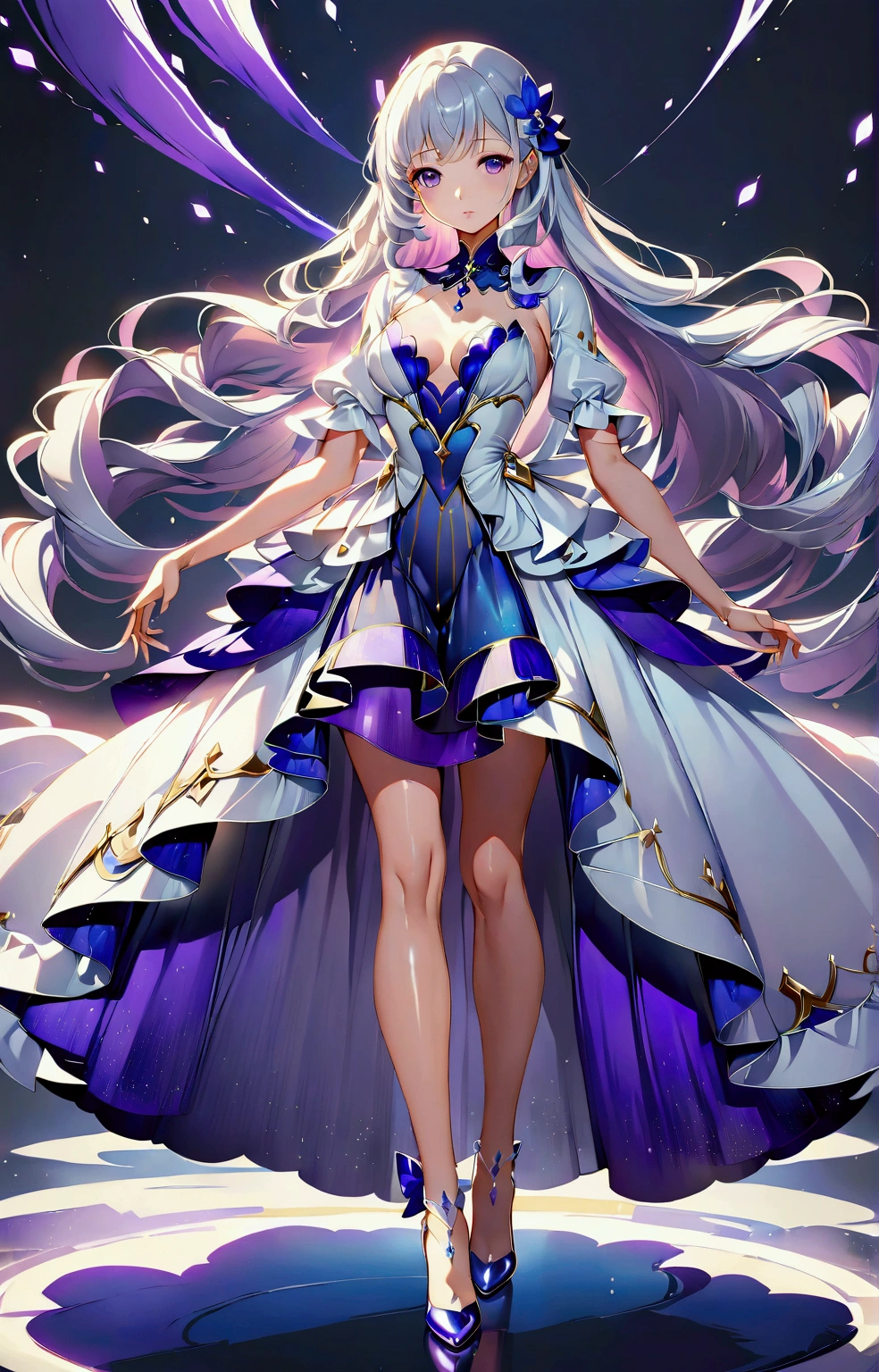 Anime style image of a woman in a blue and white dress. She is wearing a dress costume, A long white skirt,The middle is a blue-purple skirt,White skirt on both sides, And blue and purple shiny high heels, detailed, Clear clothing design, Suitable for whole body, Elegant digital art, Full body illustration, Wearing a flowing dress