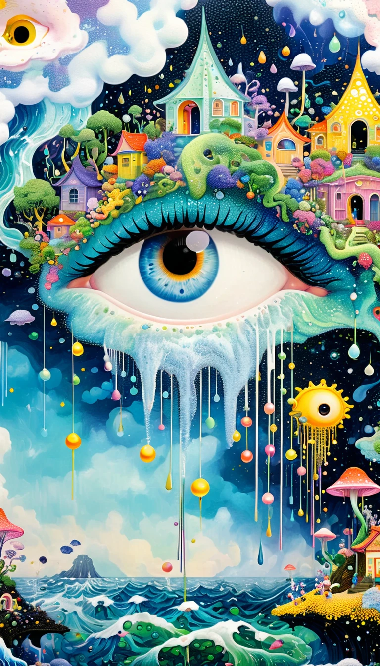 Strong visual fusion of multiple elements,Broto,来自Star的艺术家,Dopamine color scheme,house、Eye、Bead curtains、pearl、Star、cloud、Spore powder、Ocean、rain、Tentacles,Describing the inner world of autistic people,密集Pointillism method。Smooth lines。interesting,Strange illustration。Pointillism method。Strong contrast。Award-winning works。