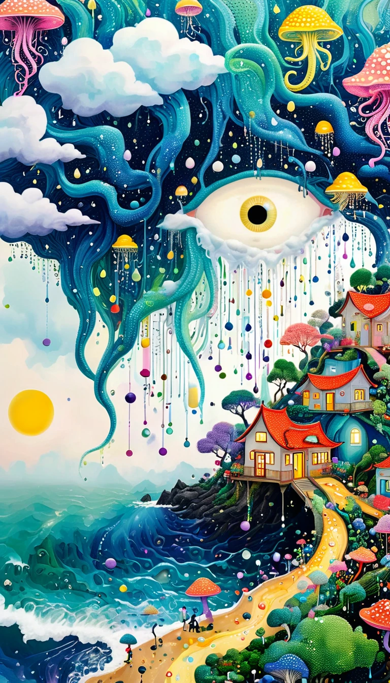 Strong visual fusion of multiple elements,Broto,来自Star的艺术家,Dopamine color scheme,house、Eye、Bead curtains、pearl、Star、cloud、Spore powder、Ocean、rain、Tentacles,Describing the inner world of autistic people,密集Pointillism method。Smooth lines。interesting,Strange illustration。Pointillism method。Strong contrast。Award-winning works。