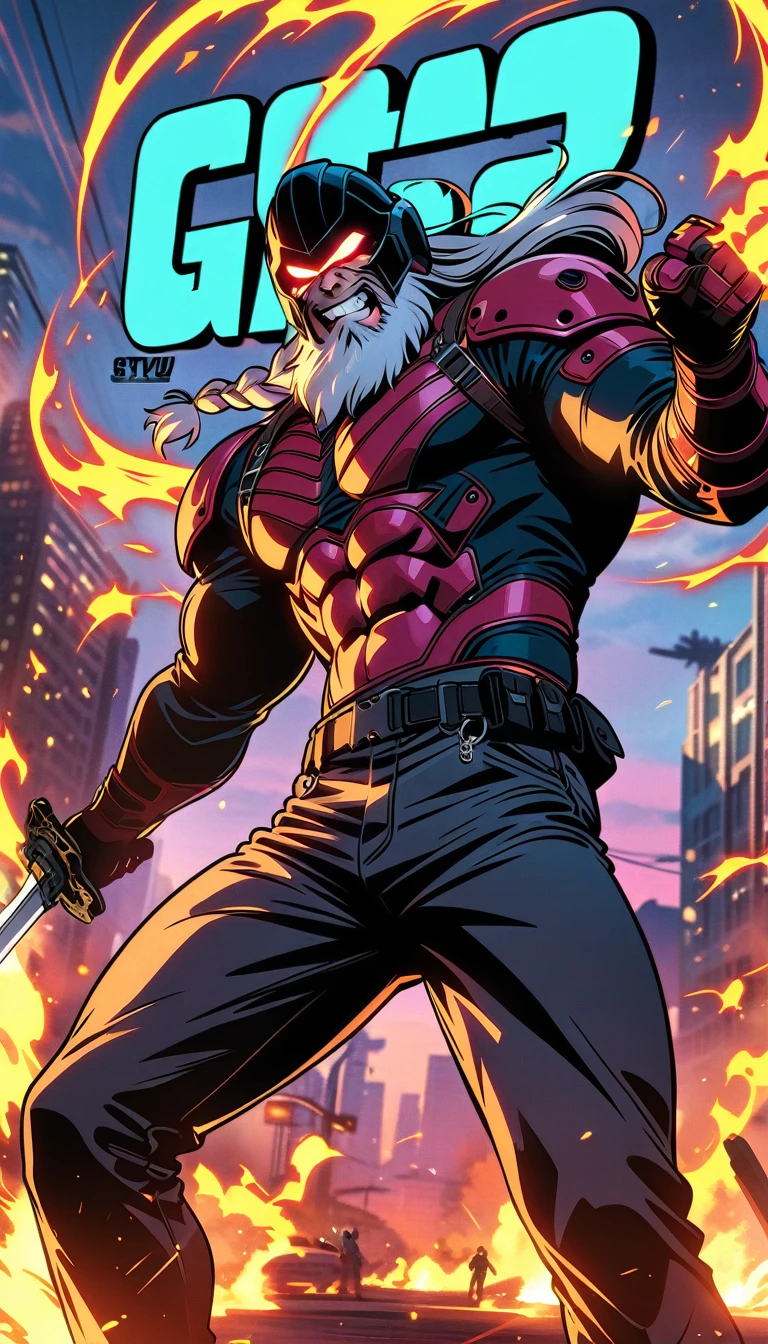 ((best quality)) , ((masterpiece)) , (detailed),weapon, armor, holding, long hair, facial hair, glowing eyes, 1boy, male focus, holding weapon, glowing, sword, outdoors, helmet, braid, teeth, fire, shoulder armor, pants, grey hair, beard, bangs, holding sword, muscular male, white hair,(((GTA-style artwork ,Satirical, exaggerated, pop art style, vibrant colors, iconic characters, action-packed)))
