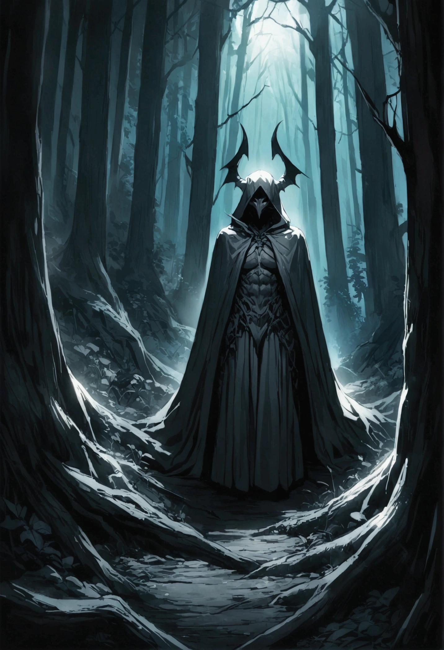 a demon wrapped in a black cloak of darkness in the middle of the forest 