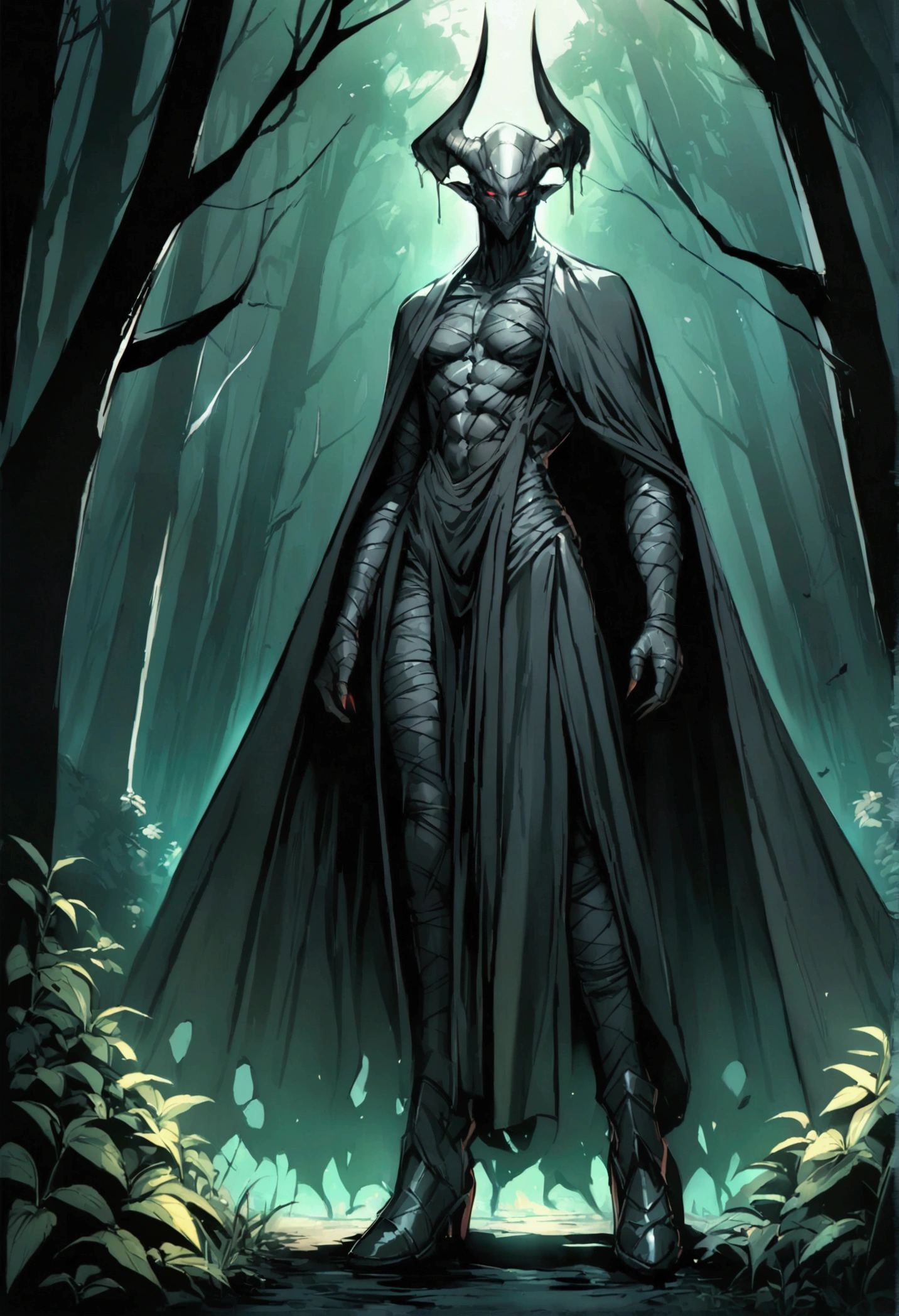 a demon wrapped in a black cloak of darkness in the middle of the forest 