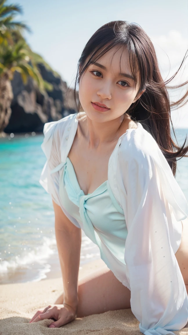 (((8k、Highest quality、masterpiece、Ultra-high resolution)))、(Realistic:1.4)、RAW Photos、(Realistic skin texture:1.3)、(Film Grain:1.3)、((One Girl、Beautiful and detailed eyes, Face and skin texture、naked足))、Cute Japanese Woman、Beach、A strong wind is blowing、Her hair and skirt are flying、(((On all fours, Crawl)))、Pleated skirt、((naked:1.35))、splash、Sandy Beach、Light of the sun、clear blue sea、The waves crash quietly、Blue sky and white clouds、Beautiful Nature、(((Open blouse:1.33)))、((No underwear、Raise one leg))、