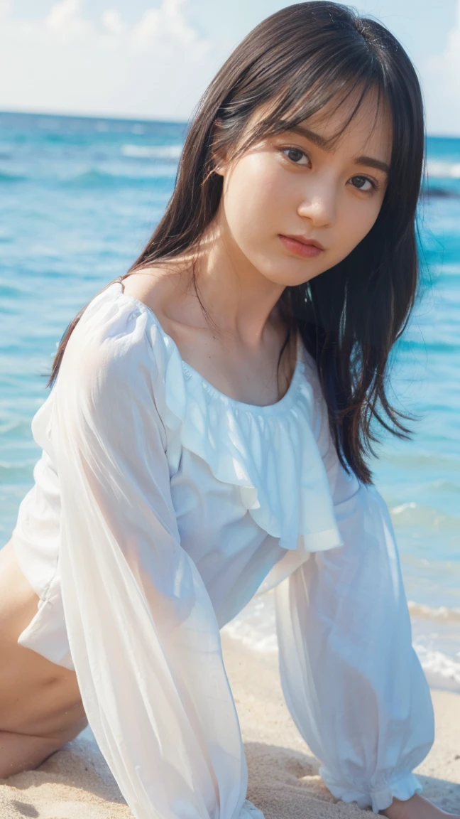 (((8k、Highest quality、masterpiece、Ultra-high resolution)))、(Realistic:1.4)、RAW Photos、(Realistic skin texture:1.3)、(Film Grain:1.3)、((One Girl、Beautiful and detailed eyes, Face and skin texture、naked足))、Cute Japanese Woman、Beach、A strong wind is blowing、Her hair and skirt are flying、(((On all fours, Crawl)))、Pleated skirt、((naked:1.35))、splash、Sandy Beach、Light of the sun、clear blue sea、The waves crash quietly、Blue sky and white clouds、Beautiful Nature、(((Open blouse:1.33)))、((No underwear、Raise one leg))、