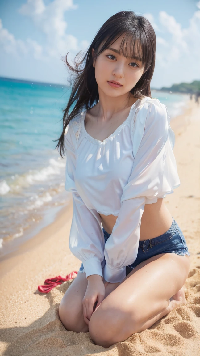 (((Top-down configuration:1.33)))、((No underwear:1.55))、One Girl、Beautiful and detailed eyes and face、barefoot、20 year old cute Japan woman, ((Extremely precise and accurate anatomy:1.0)), (photo Realistic:1.4), (hyper Realistic:1.4), (最高品質のRealisticな肌の質感:1.4), (Improvement of quality:1.4), (Enhances the beauty of skin texture:1.1), Clean and glowing skin, mesh, thin:1.2, (Realistic:1.3), Realisticなライティング, (Smoother lighting:1.05), (Improving the quality of cinema lighting:0.9), Backlight, A gentle light on your face, Ray Tracing, (Bright light:1.2), 32k, One Japanese woman, fine grain, Detailed face, (Film Grain:1.1),(Accentuates body lines:1.1), High resolution, Natural look, Kind eyes, Improves hair quality, Delicate light and shadow, Transparent muscles, Graceful pose, Beautiful Eyes, Sharp details, Soft light reflection, Beautiful contours, Delicate skin tone, Fine hair texture, Natural background, (((sunny day、Beach、A strong wind is blowing、Her hair and skirt are flying、Squat, Traditional navy blue sailor uniform、Open shirt、Pleated skirt、Scooping seawater with hands:1.25、splash、Sandy Beach、Light of the sun、clear blue sea、The waves crash quietly、Blue sky and white clouds、green mountain々、Beautiful Nature、The joys of youth)))、