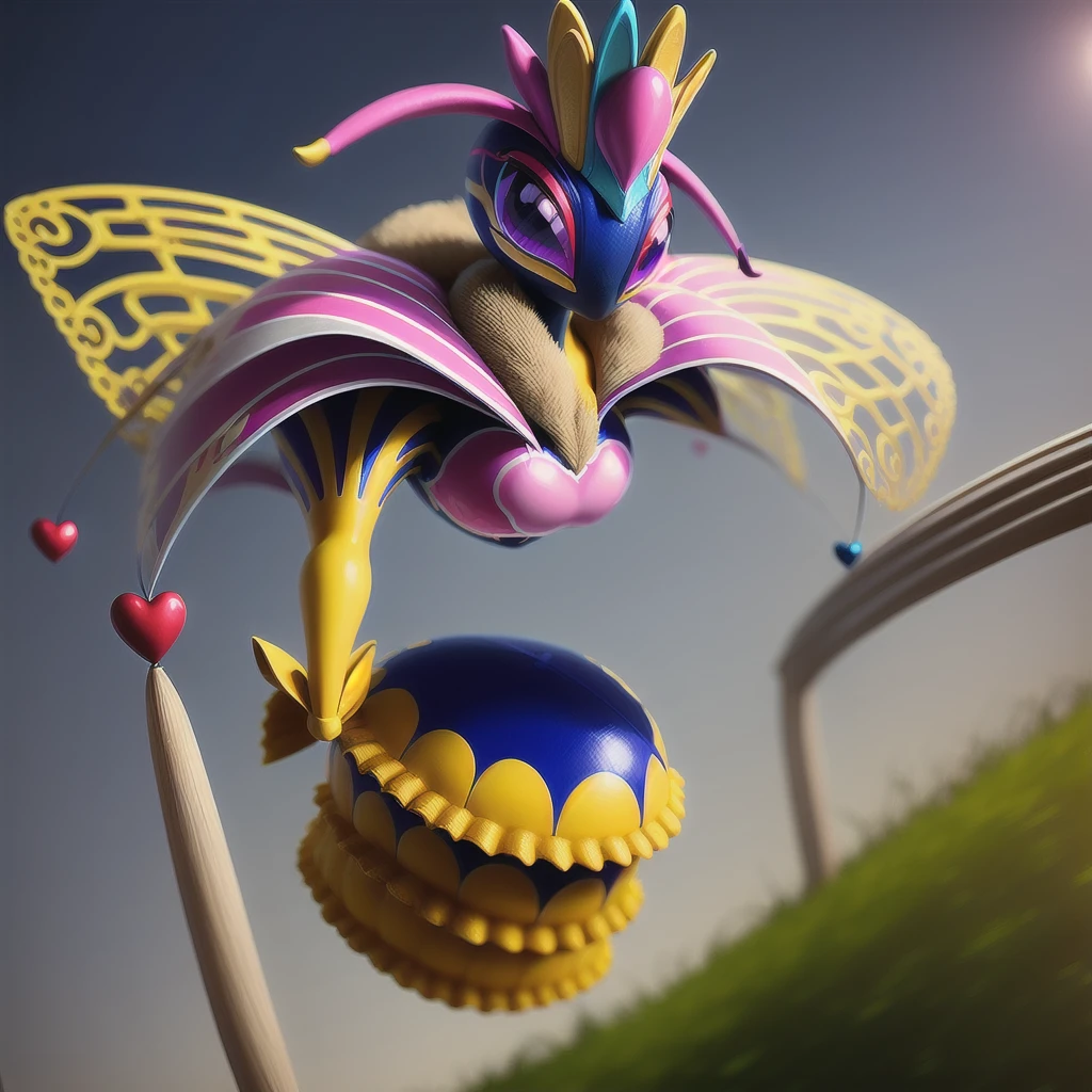 a queen bee, female, four golden wings, fur around the neck, dressed in a blue and yellow queen's outfit, queen's gloves, floating hands, pink heart on the chest, other small hearts on her clothes, in a sky