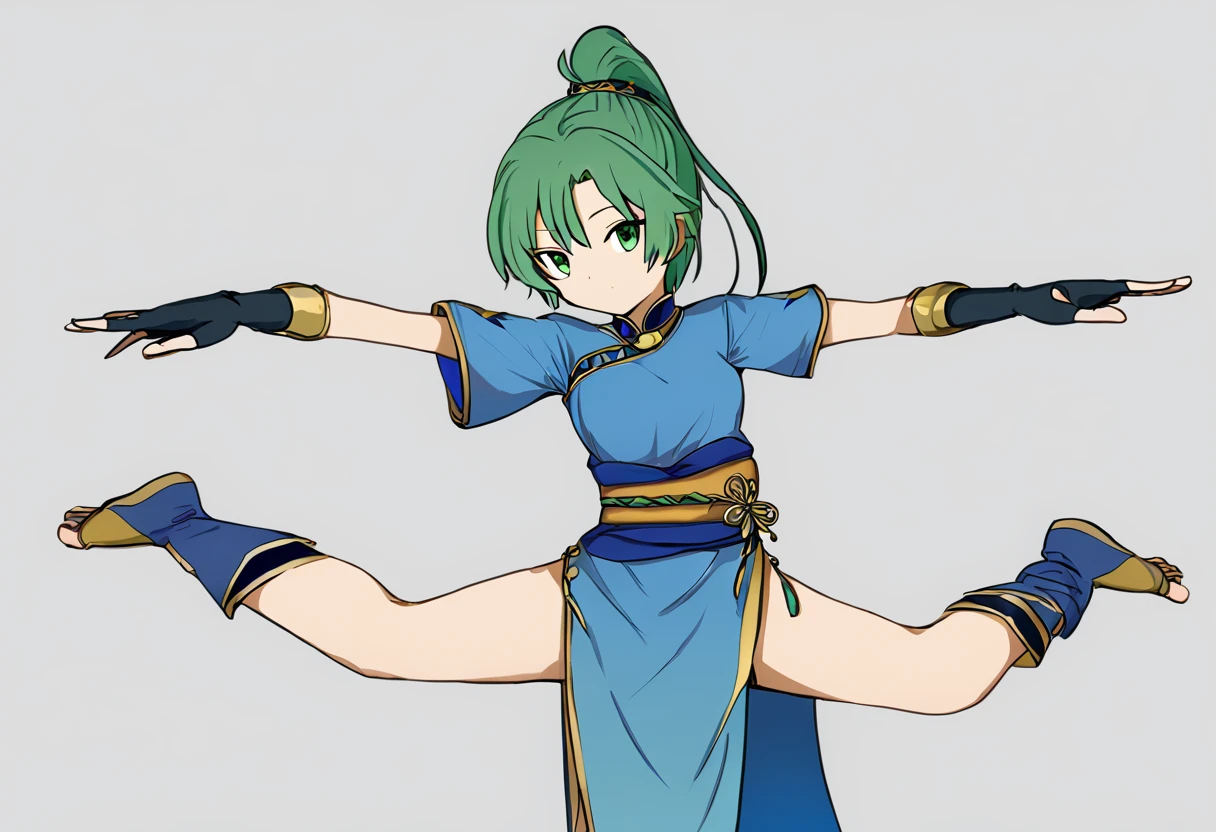 defLyn, green hair, high ponytail, blue dress, short sleeves, sash, side slit, fingerless gloves, 1girl, solo,  horizontal splits