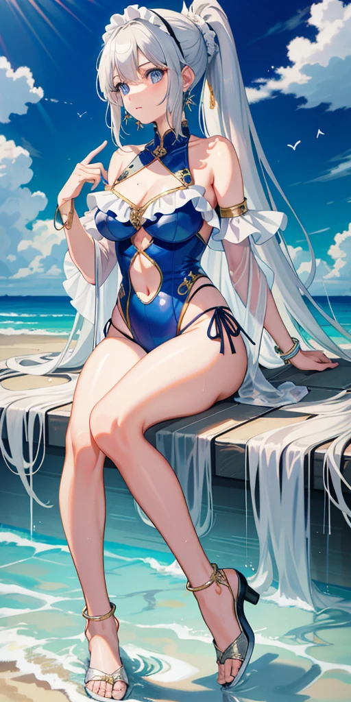 High resolution, masterpiece, Accurate, Highest quality, number々Awards for, High resolutionモデル,
Heavy bangs, Silver Hair, Wet Hair, Half Up, Dumpling, Super long hair, ponytail,
thin、White skin, Ice blue eyes butterfly hair accessory, Crystal Earrings,Gold anklet swimsuit, Bikini with ruffles,
whole body, Character portrait