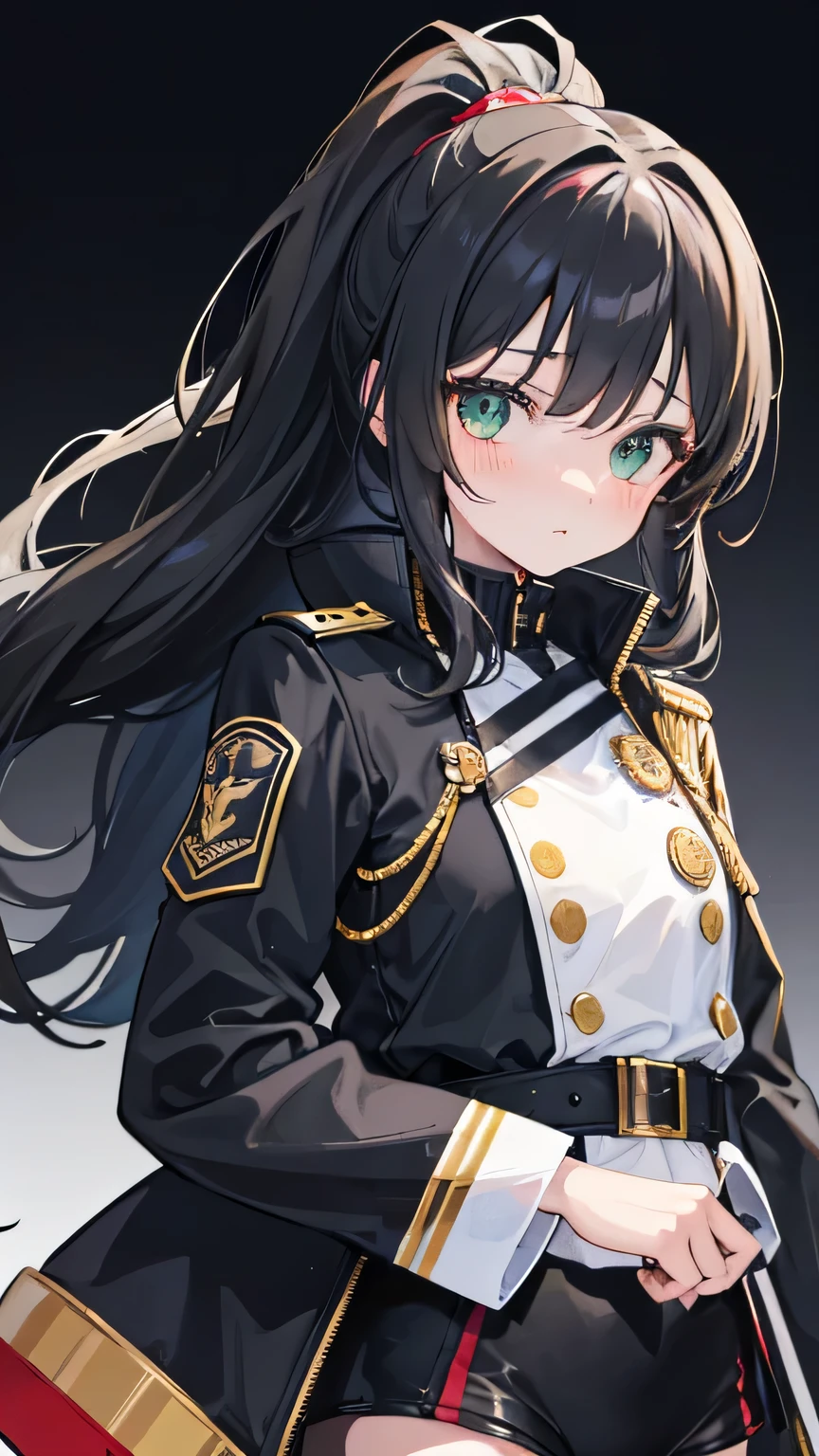 A young girl of about fourteen or fifteen years old, with long black hair in a high ponytail and a strand of curly golden bangs, green eyes, a delicate and cute face, blushing at the corners of her eyes, and an embarrassed expression, very shy. She was wearing a tight black combat uniform as a base, a dark blue short jacket on the upper body, with white and black English pattern prints on the jacket, and golden medals. There were small weapons on the shoulders, a black tactical belt on the waist, and a black tight combat uniform on the lower body, wearing black gloves. The overall look of the clothes was futuristic technology style. 
