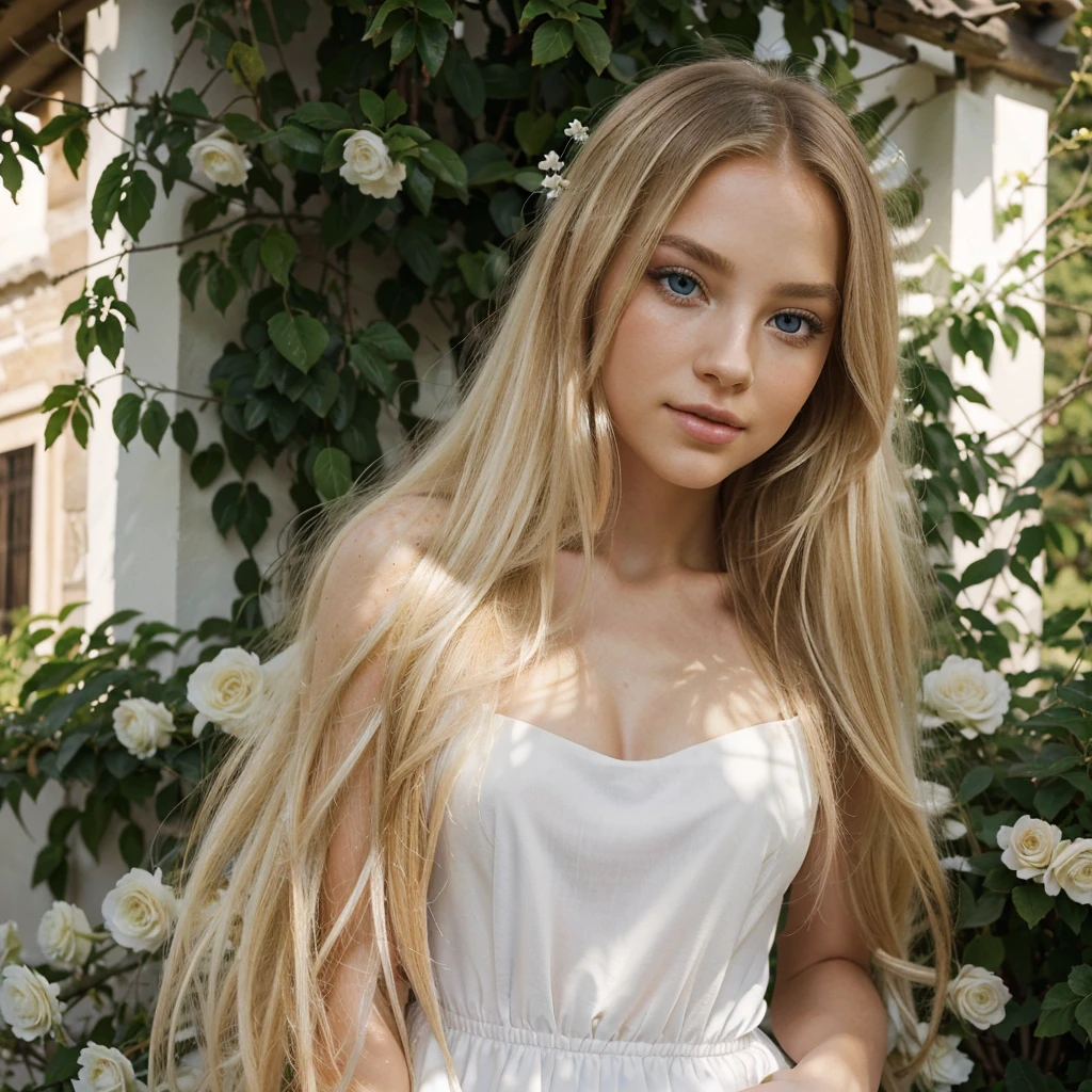 "(best quality,high resolution),long blonde hair with a small black bow,blue eye,Des couleurs vives,sharpness,Beautiful detailed eyes,beautiful detailed lips,skin white,Maquillage charmant,soft and flowing hair,delicate features,Elegant pose,soft smiling,background with flowers,garden landscape,sweet sun"