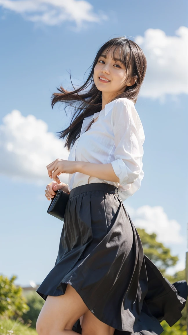 Drawing from below:2.53,One Girl、Beautiful and detailed eyes and face、barefoot、Cute 16 year old Japanese girl, ((Extremely precise and accurate ???????:1.0)), (photo Realistic:1.4), (hyper Realistic:1.4), (最高品質のRealisticな肌の質感:1.4), (Improvement of quality:1.4), (Enhances the beauty of skin texture:1.1), Clean and glowing skin, mesh, thin:1.2, (Realistic:1.3), Realisticなライティング, (Smoother lighting:1.05), (Improving the quality of cinema lighting:0.9), Backlight, A gentle light for your face, Ray Tracing, (Bright light:1.2), 32K, One Japanese woman, fine grain, Detailed face, (Film Grain:1.1),(Accentuates body lines:1.1), High resolution, Natural look, Kind eyes, Improves hair quality, Delicate light and shadow, Graceful pose, Sharp details, Soft light reflection, Beautiful contours, Delicate skin tone, Fine hair texture, Natural background, (((sunnyた日、School Area、A strong wind is blowing、Her hair and skirt are flying、 Open shirt、Pleated skirt、stroll:1.25、Light of the sun、sunny、stage、Blue sky and white clouds、The joy of youth)))、